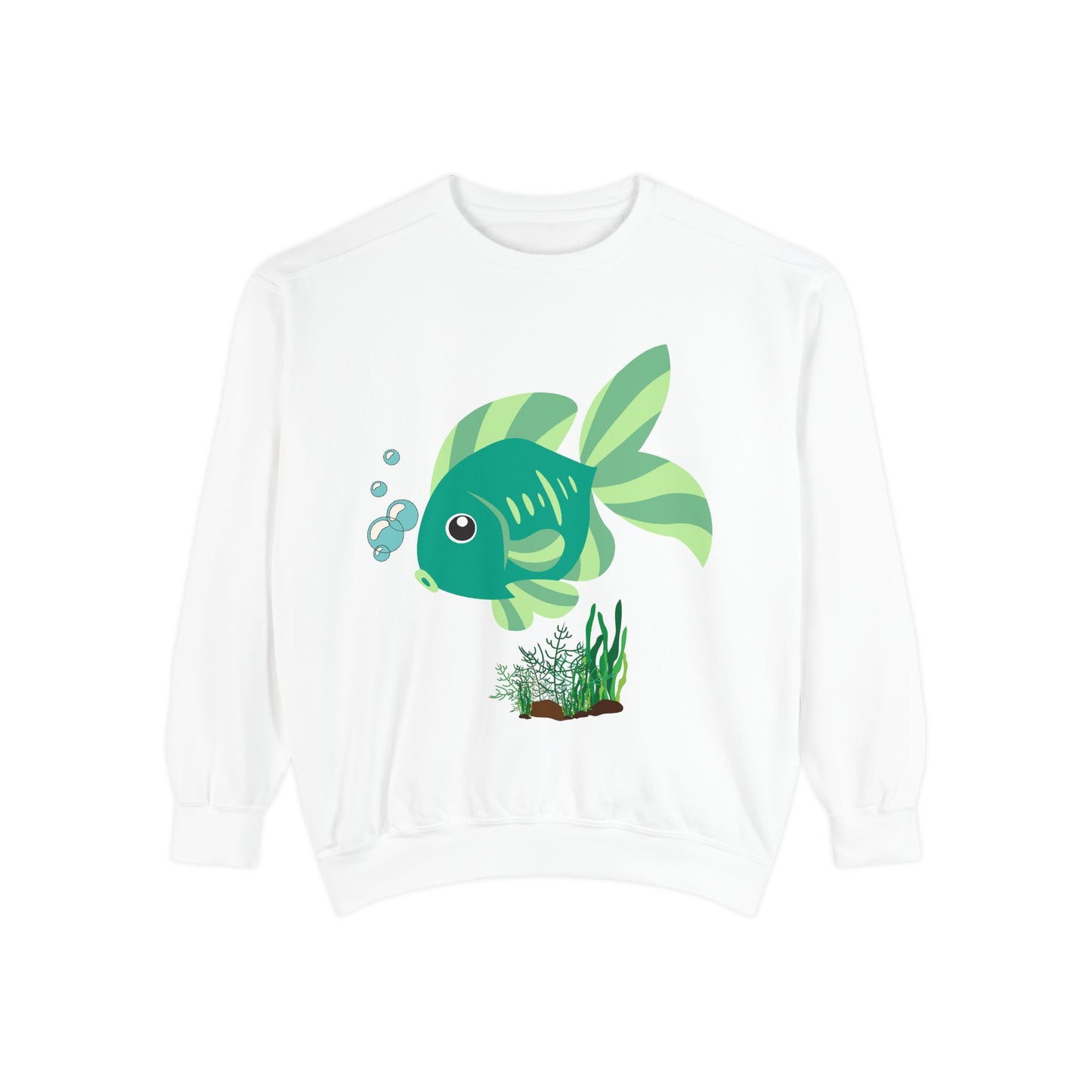 Green fish with bubbles and aquatic plants Unisex Garment-Dyed Sweatshirt
