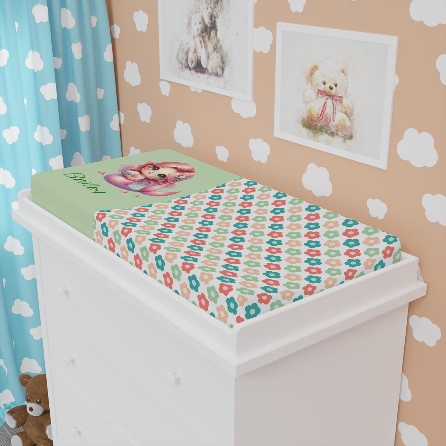Floral Bunny Baby Changing Pad Cover — Personalized Newborn Nursery Decor