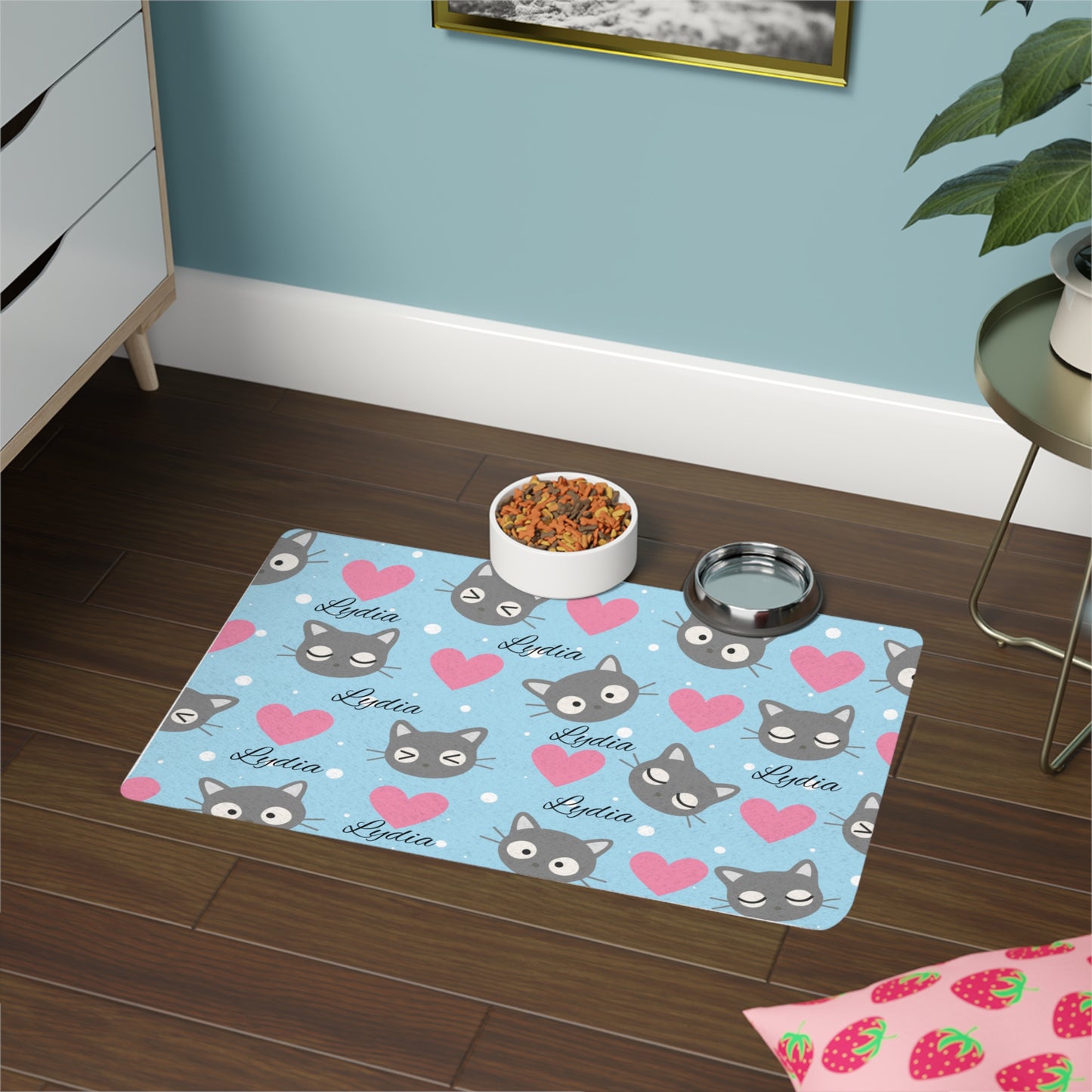 Personalized Cat Food Mat (12x18) — Blue Hearts & Gray Kitty Pattern with Name