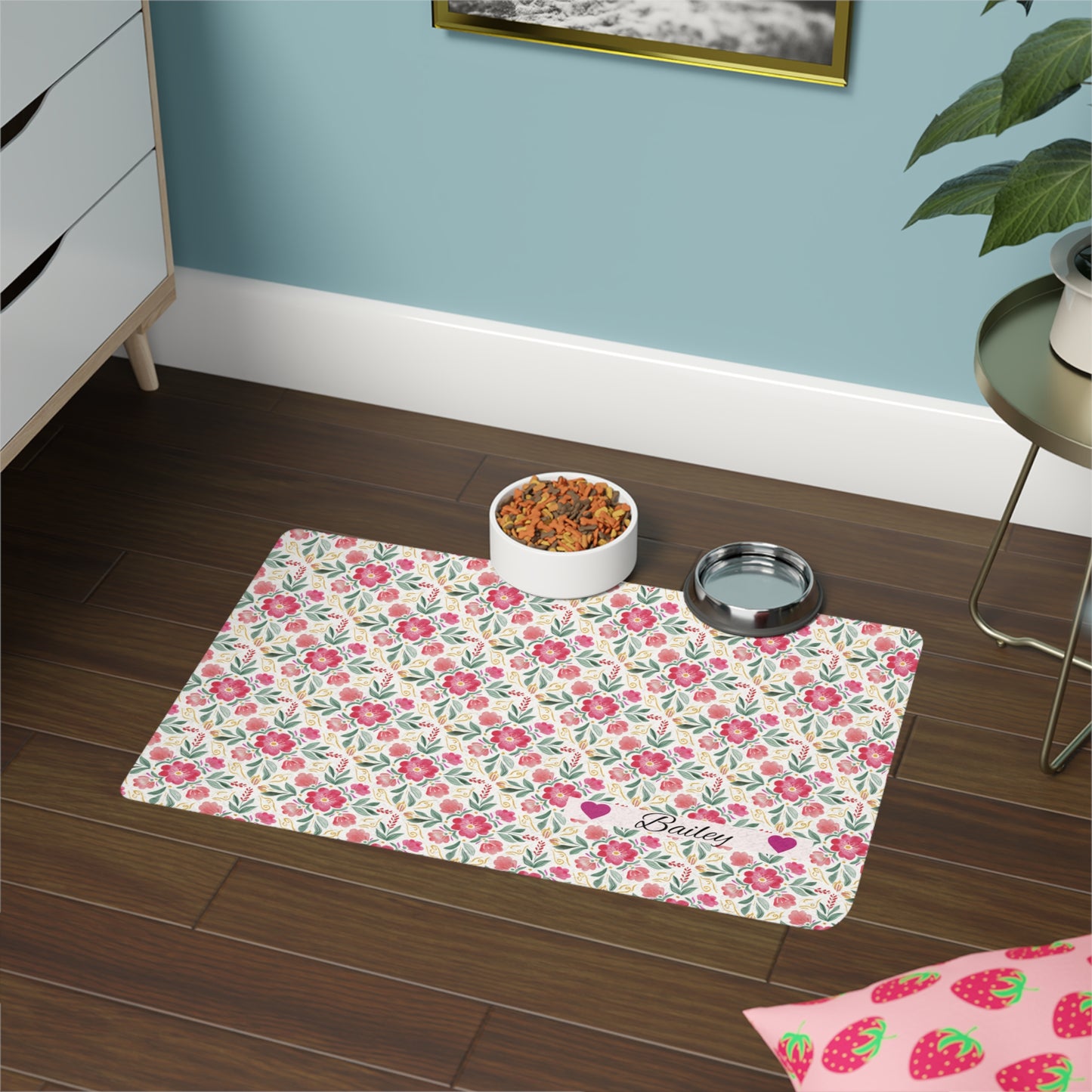 Floral Personalized Pet Food Mat (12x18) — Custom Name Paw-Safe Placemat