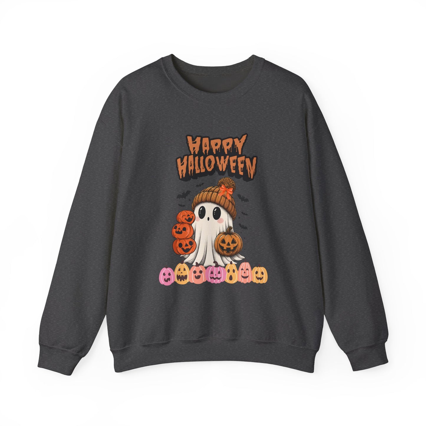 Cozy Halloween Sweatshirt, Unisex Crewneck with Ghost & Pumpkin Design, Fall Fashion, October Gifts, Spooky Season Apparel