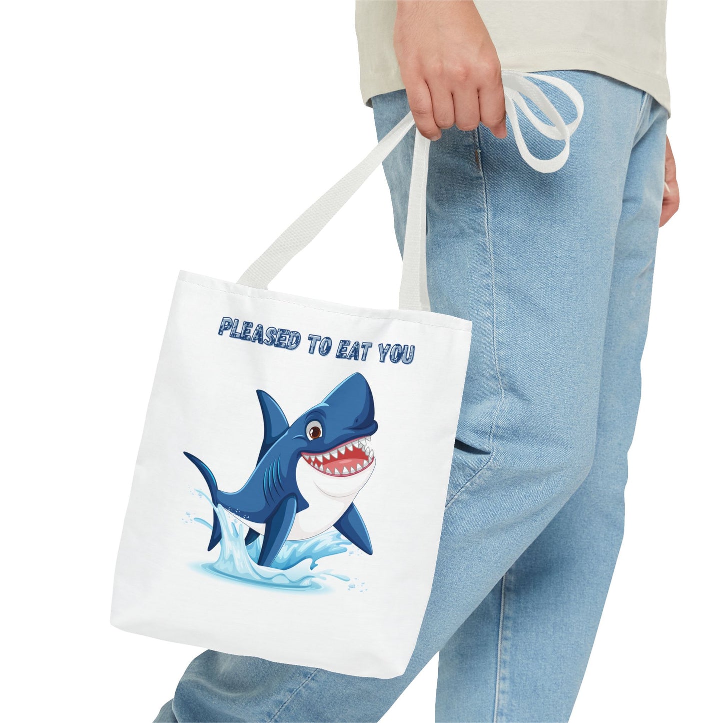 Humorous cartoon shark with threatening text Tote Bag