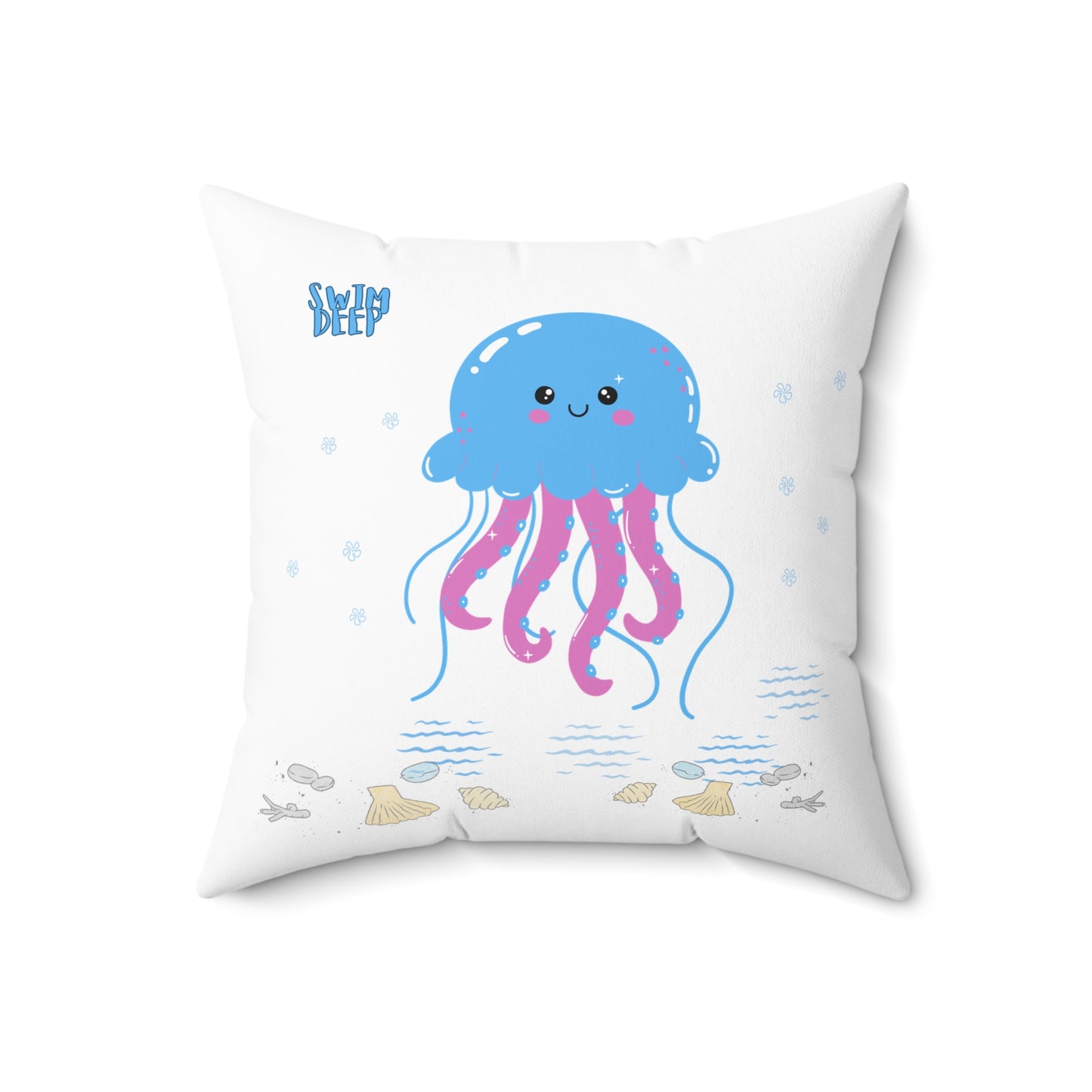 Blue jellyfish with pink tentacles Spun Polyester Square Pillow
