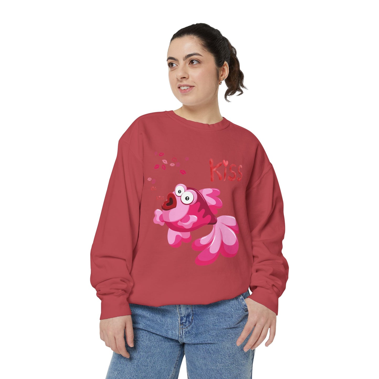 Pink fish with open mouth and kiss Unisex Garment-Dyed Sweatshirt