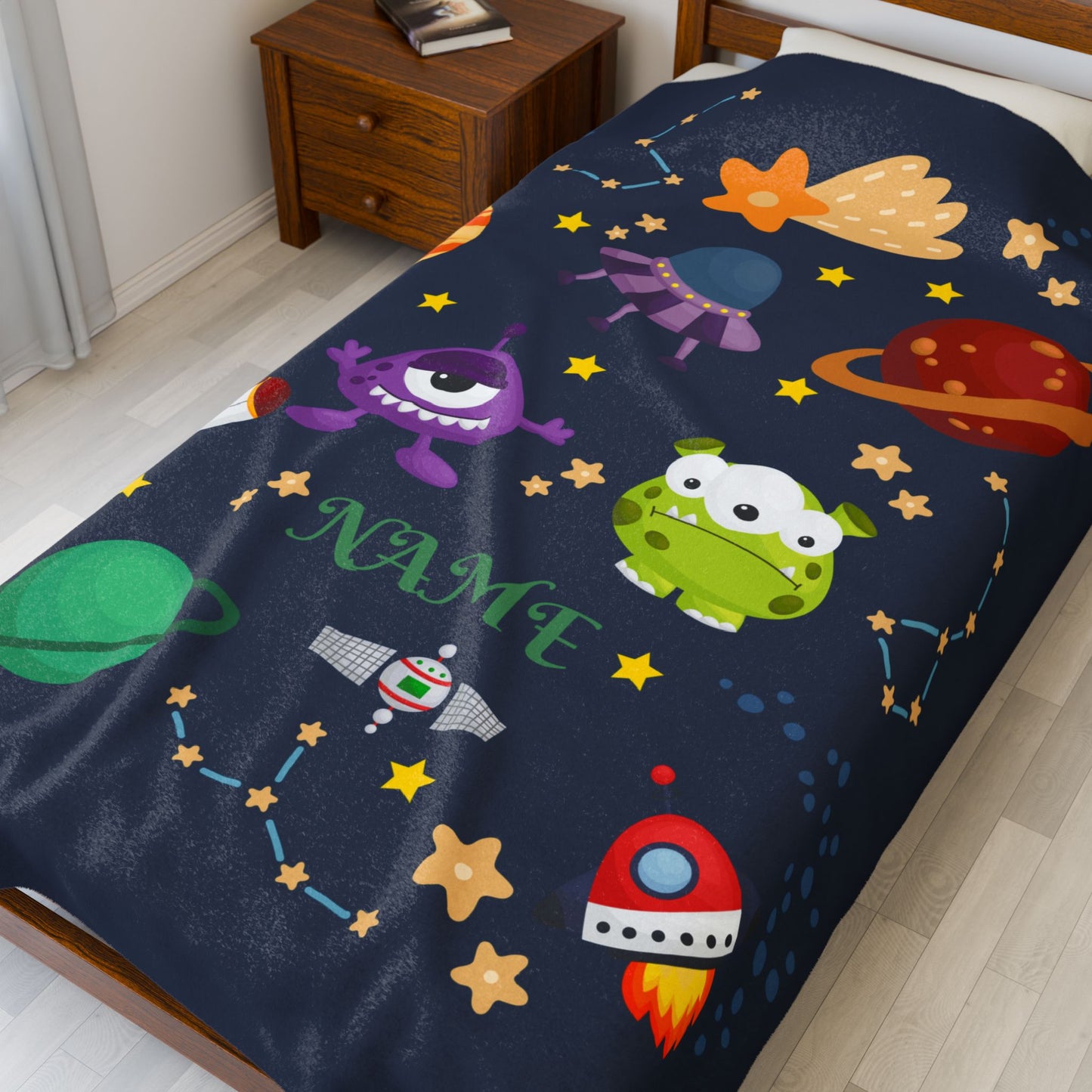 Cosmic Monsters Plush Blanket, Personalized Space Blanket, Kids Bedroom Decor, Gift for Space Lovers, Soft and Cozy Throw