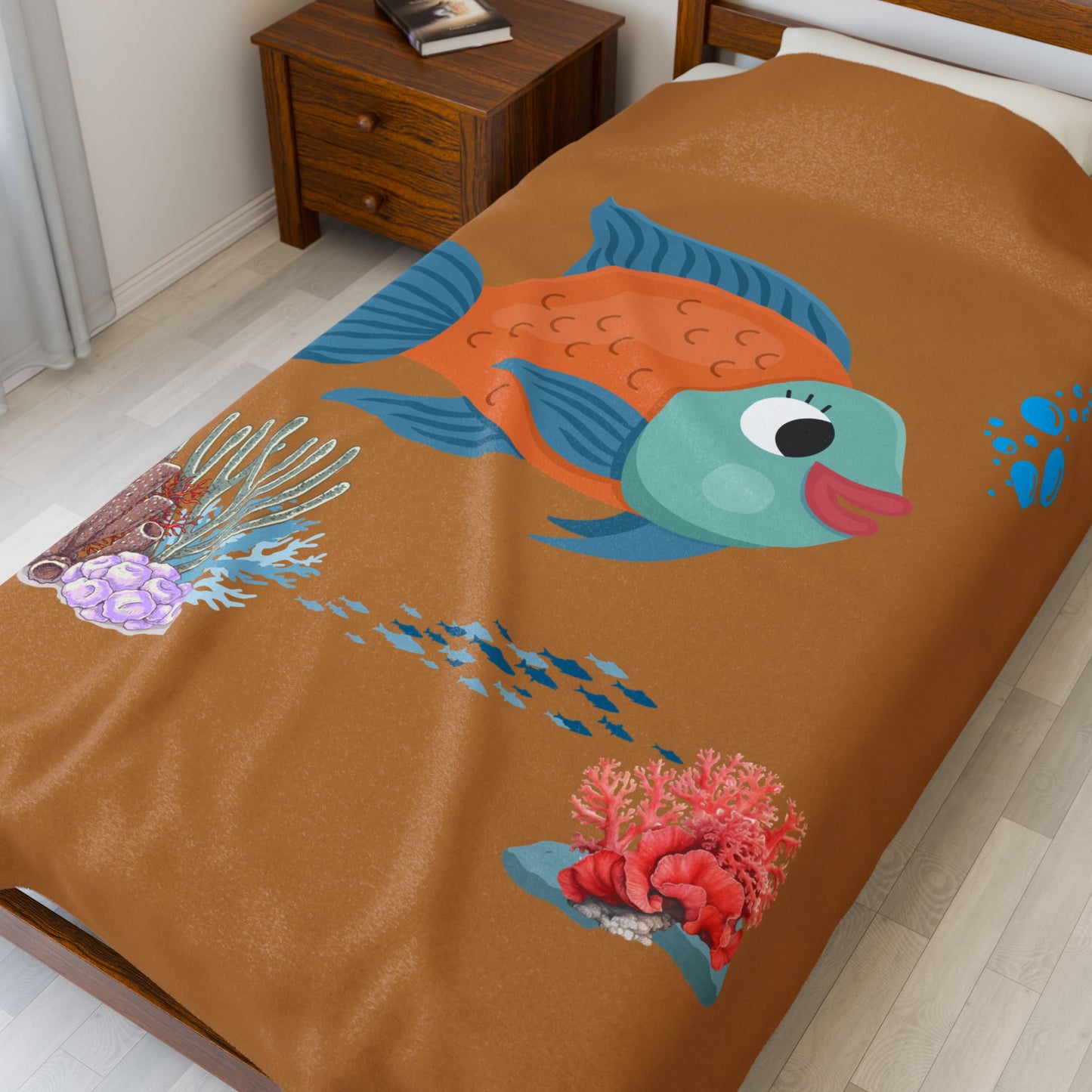 Orange and blue fish with coral and bubble Velveteen Plush Blanket