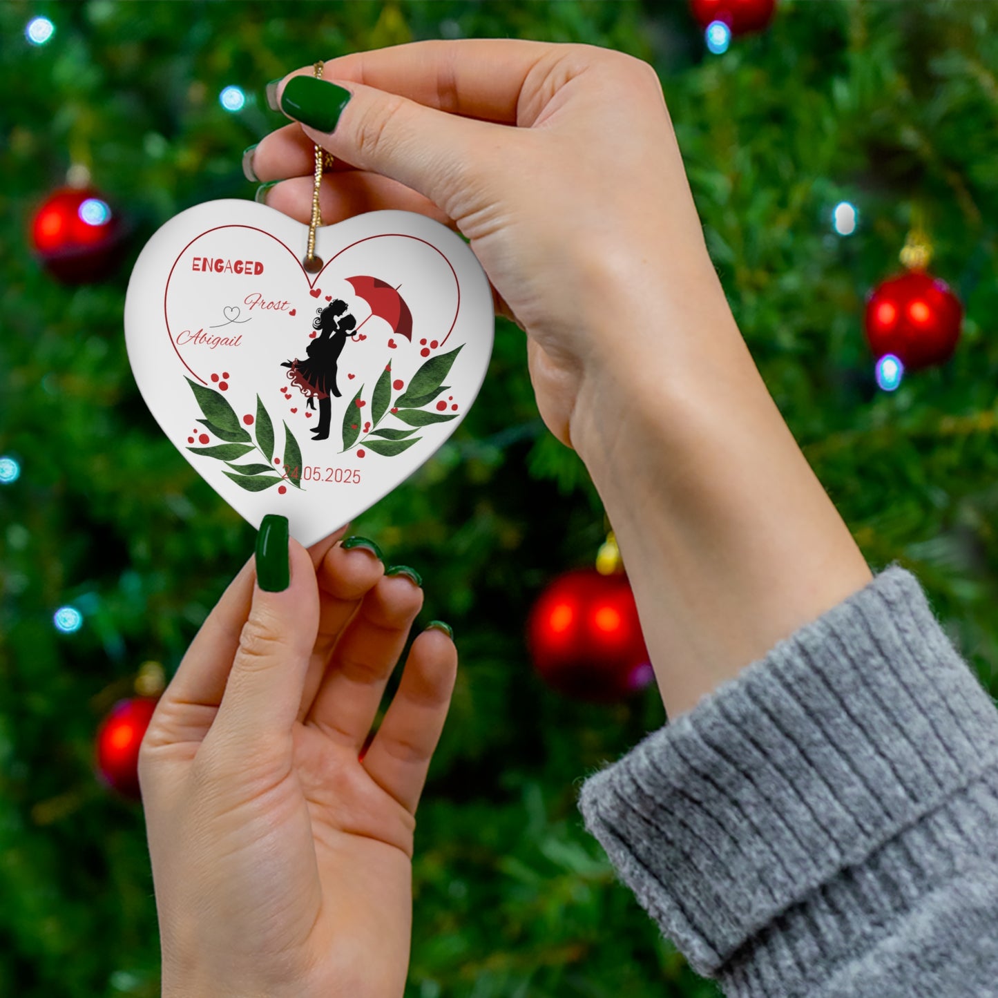 Engagement Ornament, Personalized Holiday Decoration, Custom Couples Keepsake, Wedding Gift, Love Heart Ornament