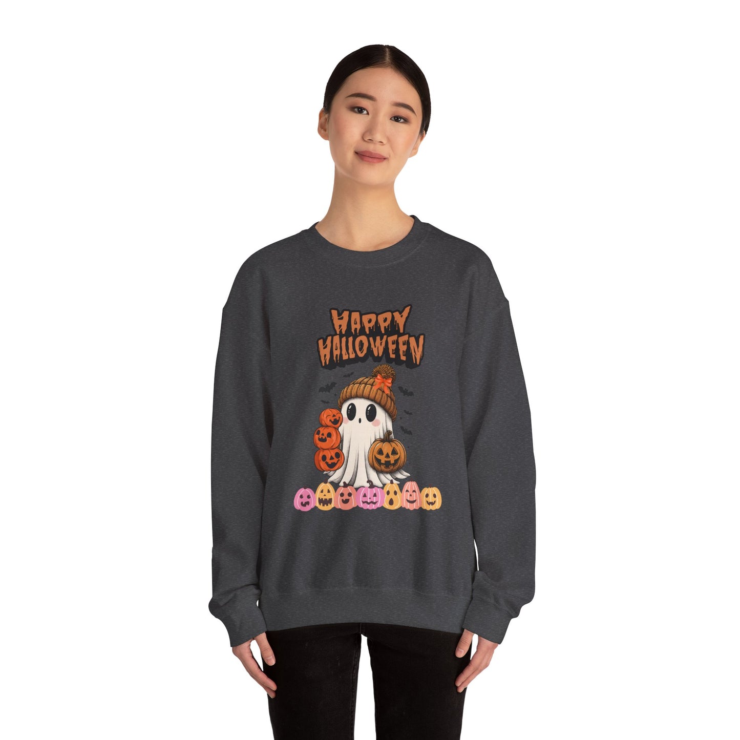 Cozy Halloween Sweatshirt, Unisex Crewneck with Ghost & Pumpkin Design, Fall Fashion, October Gifts, Spooky Season Apparel