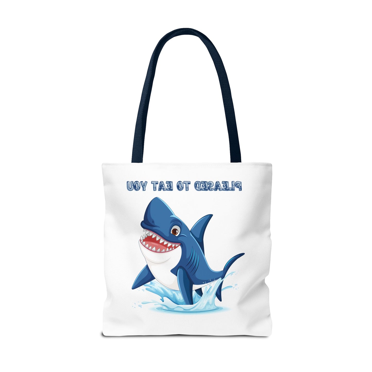 Humorous cartoon shark with threatening text Tote Bag