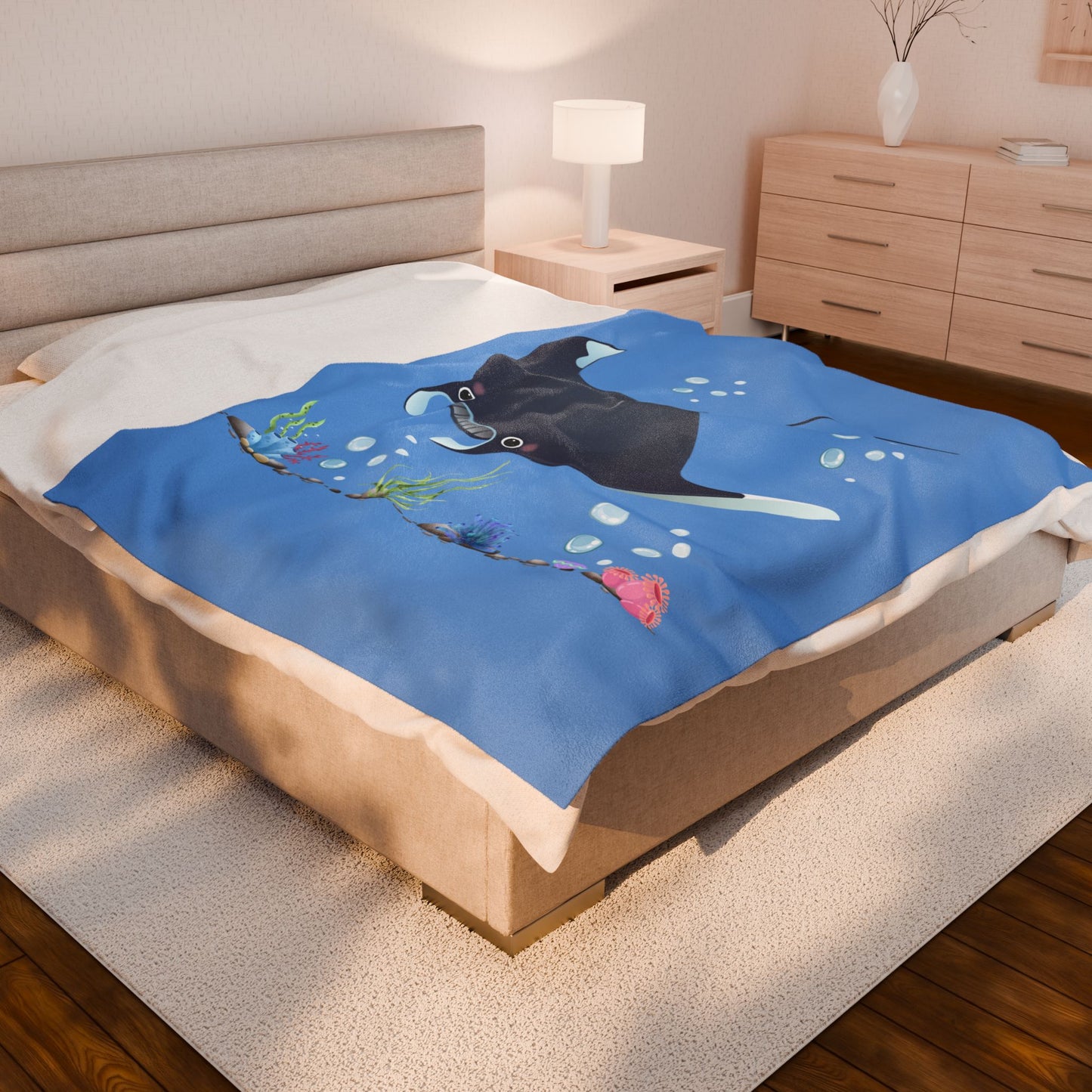 Manta ray with bubbles and coral reef Velveteen Plush Blanket