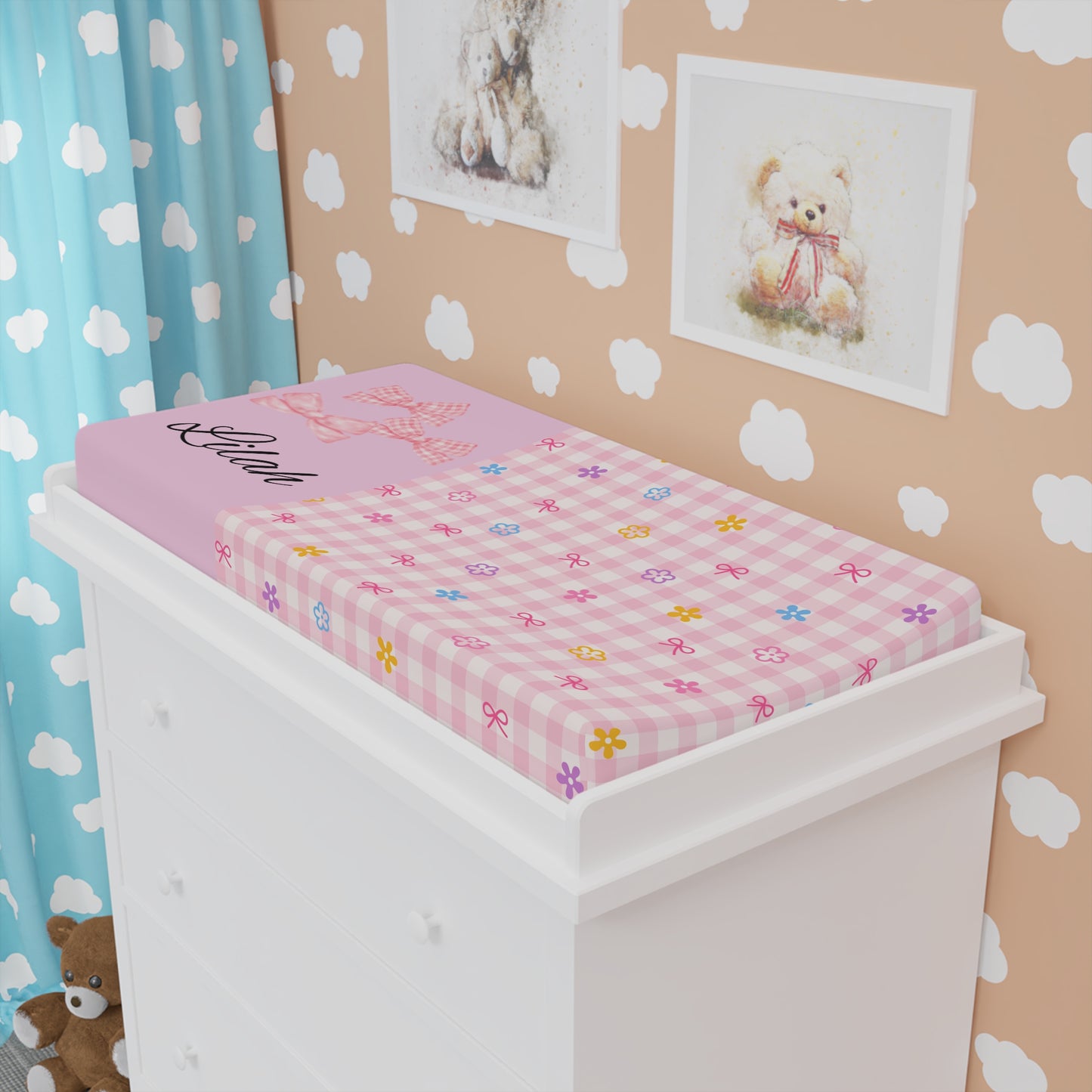 Pink Gingham Floral Baby Changing Pad Cover — Personalized Name Option