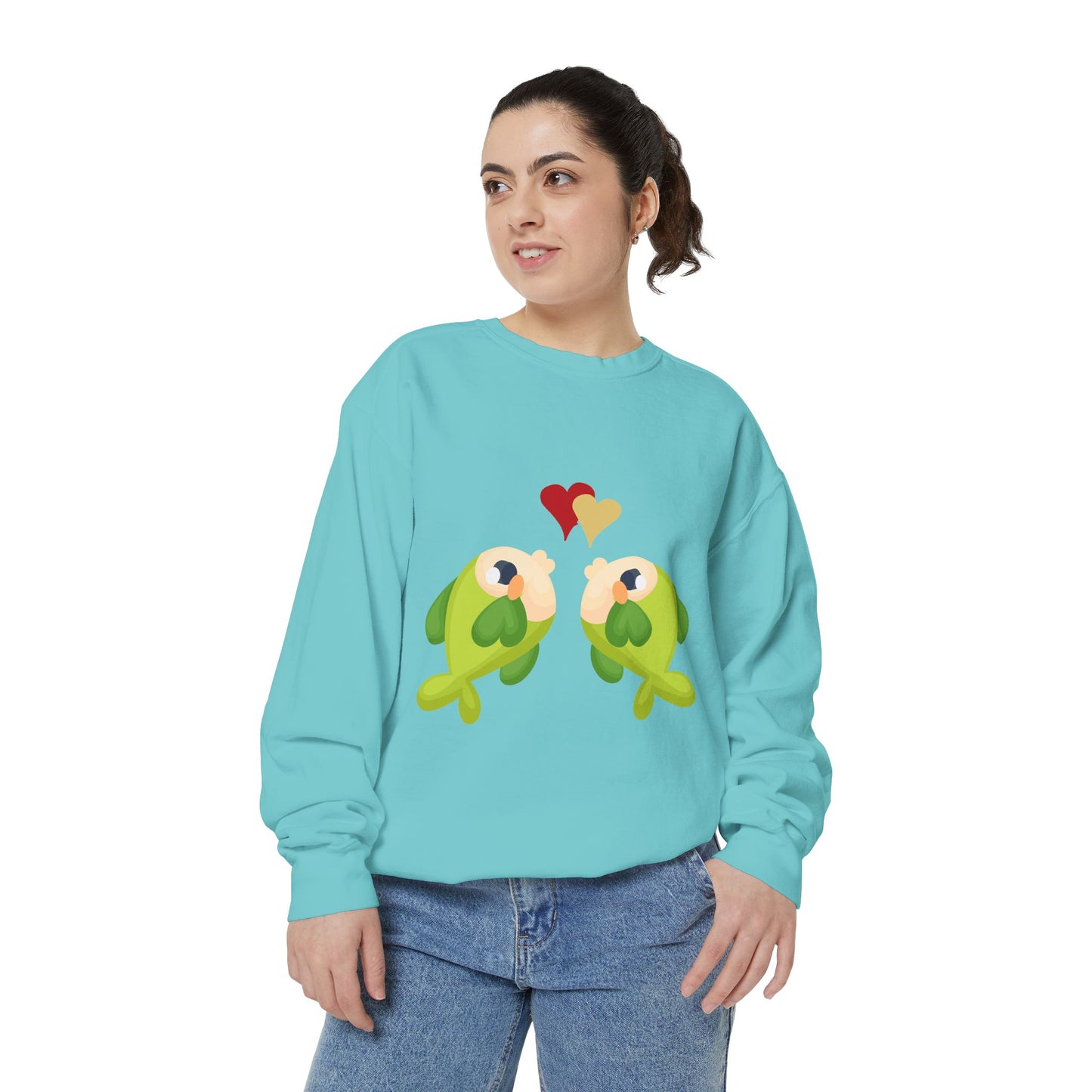Two hearts float between the fish one red and one yellow Unisex Garment-Dyed Sweatshirt