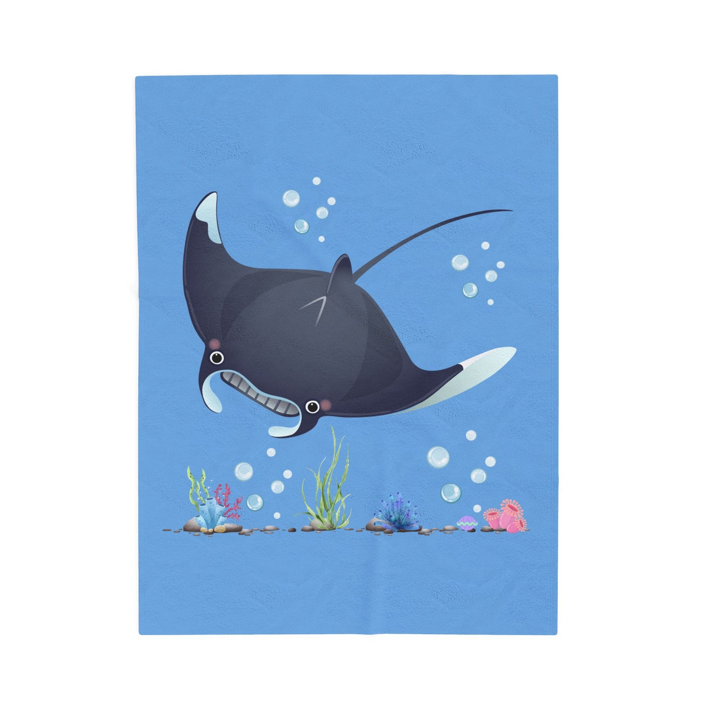 Manta ray with bubbles and coral reef Velveteen Plush Blanket