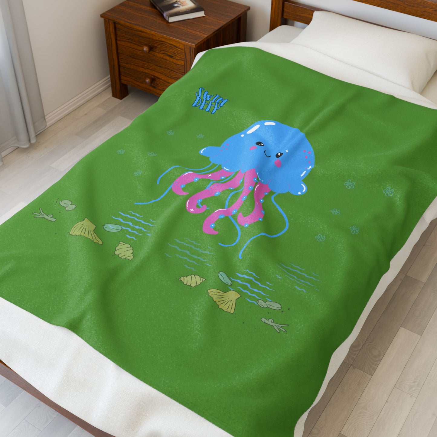 Blue jellyfish with pink tentacles Velveteen Plush Blanket