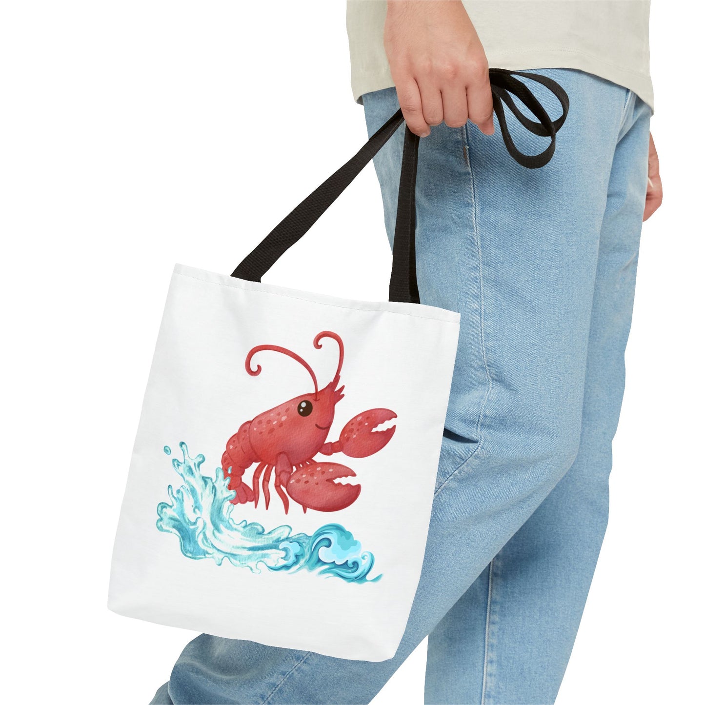 Cheerful red lobster emerging from stylized blue waves Tote Bag