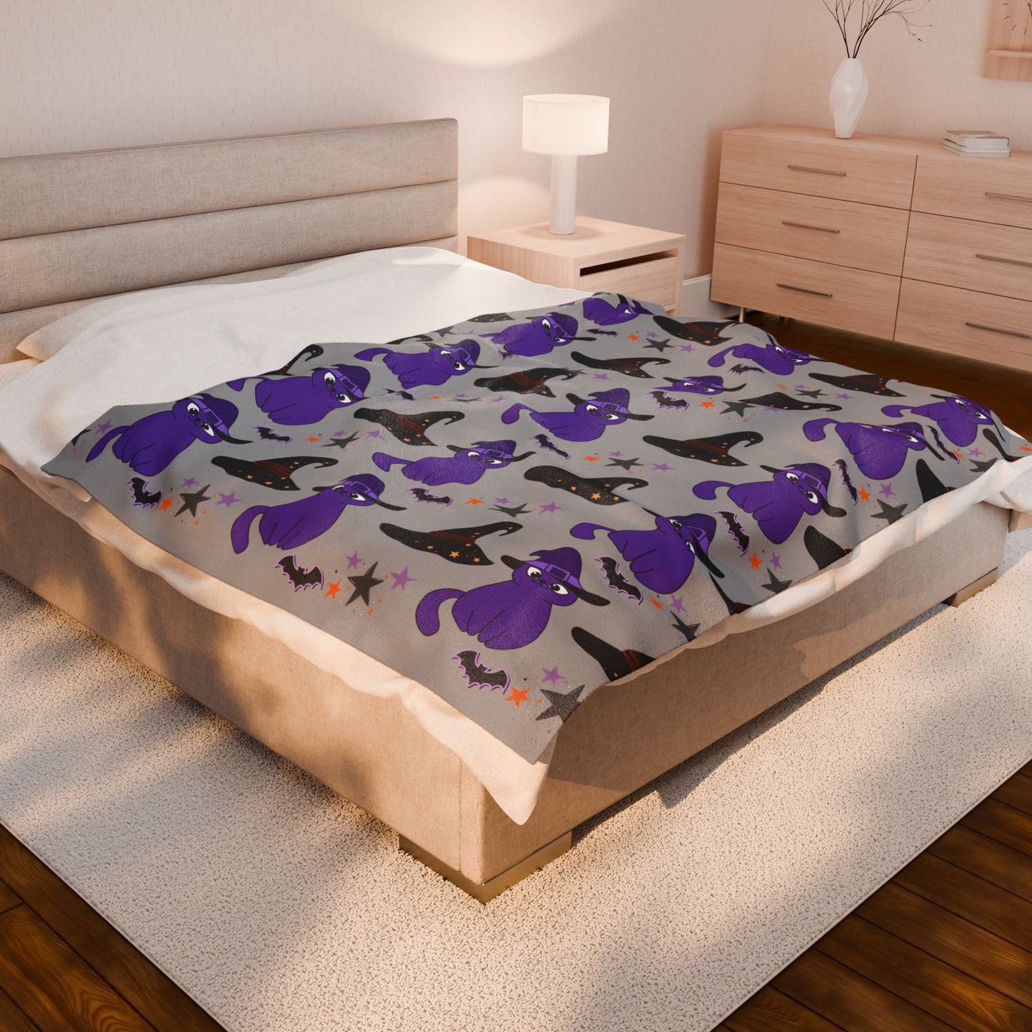 Cozy Halloween Velveteen Plush Blanket - Purple Cat Design, Soft Throw, Fall Decor, Gift for Cat Lovers, Spooky Season