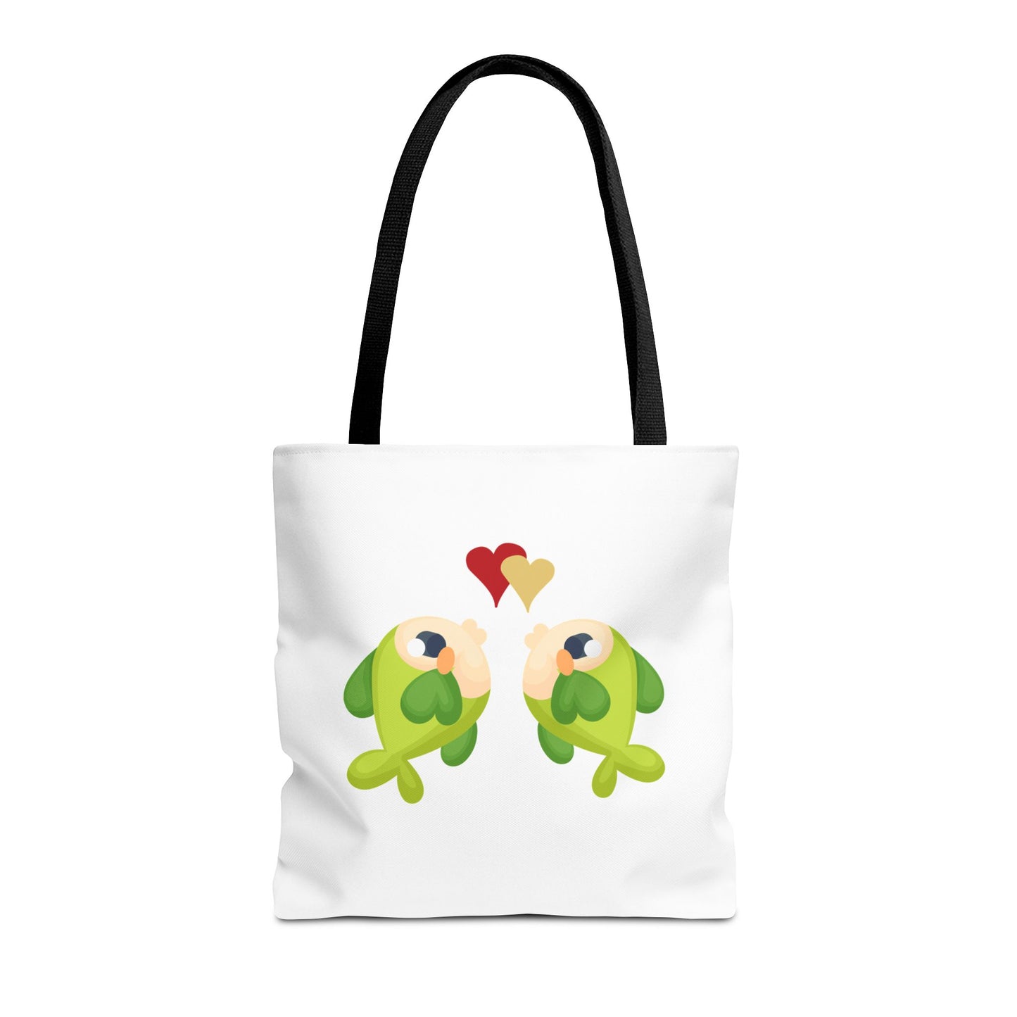 Two hearts float between the fish one red and one yellow. Tote Bag