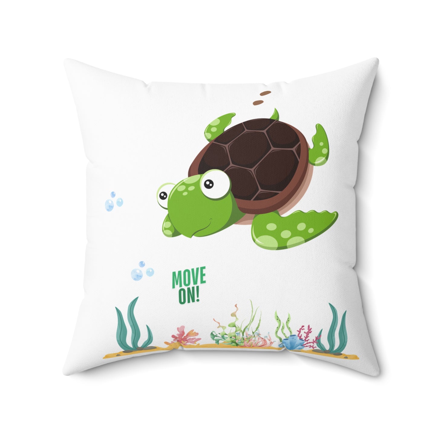 Turtle with seaweed and bubble Spun Polyester Square Pillow