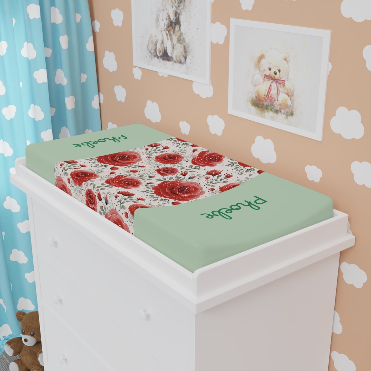 Floral Rose Baby Changing Pad Cover — Personalized Mint Green Nursery