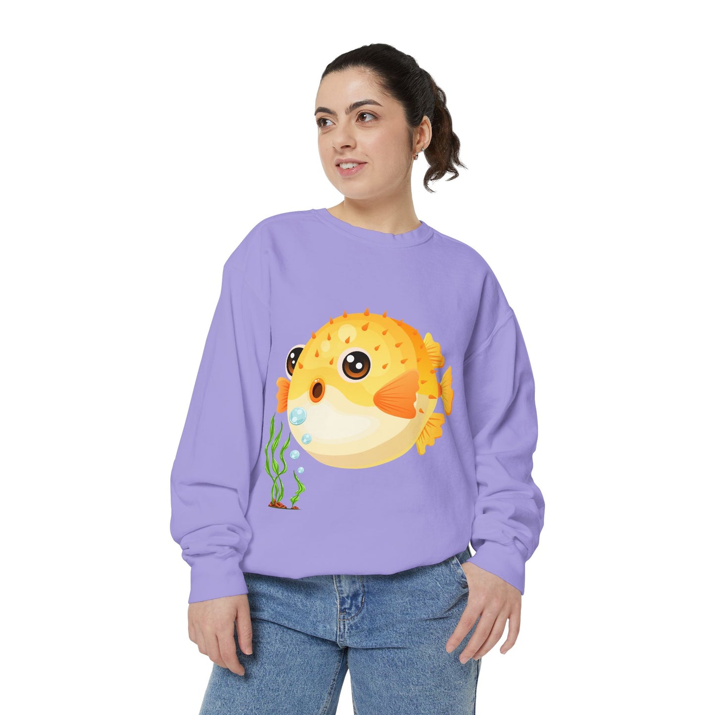 Cartoon Pufferfish with seaweed Unisex Garment-Dyed Sweatshirt