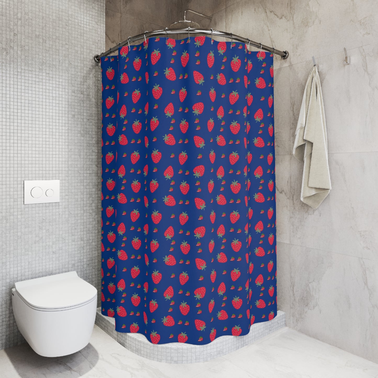 Strawberry Pattern Shower Curtain — Navy Blue Fruit Print Bathroom Decor