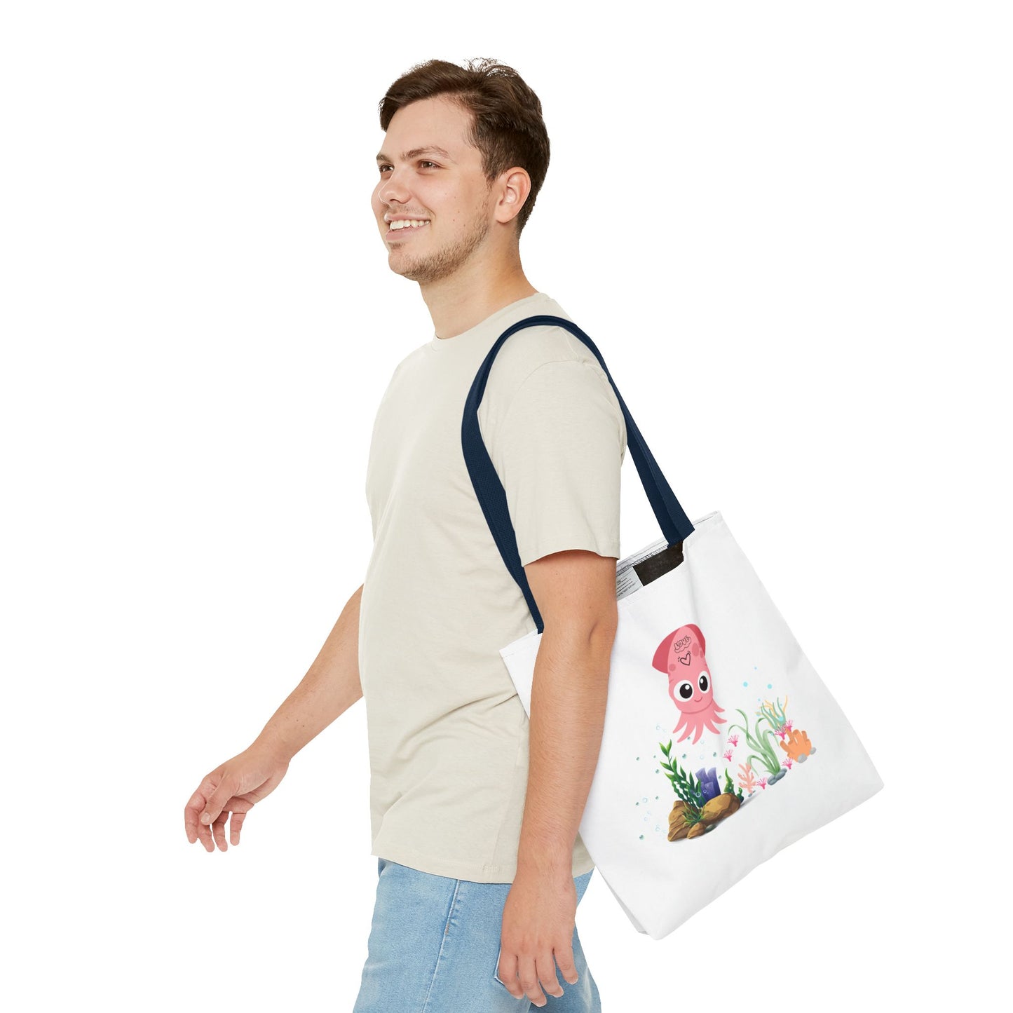 Pink squid cartoon with love Tote Bag