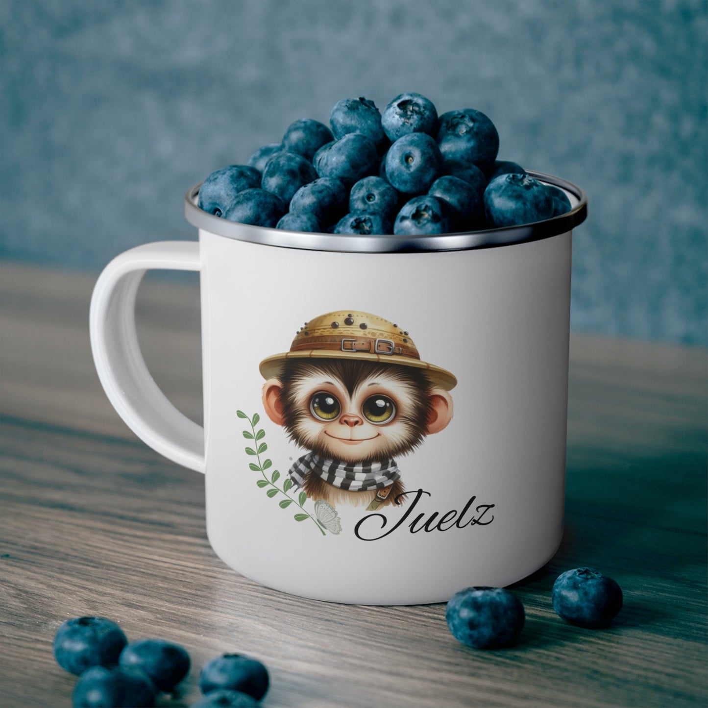 Enamel Mug — Cute Baby Monkey Camping Design with 'Juelz' Name
