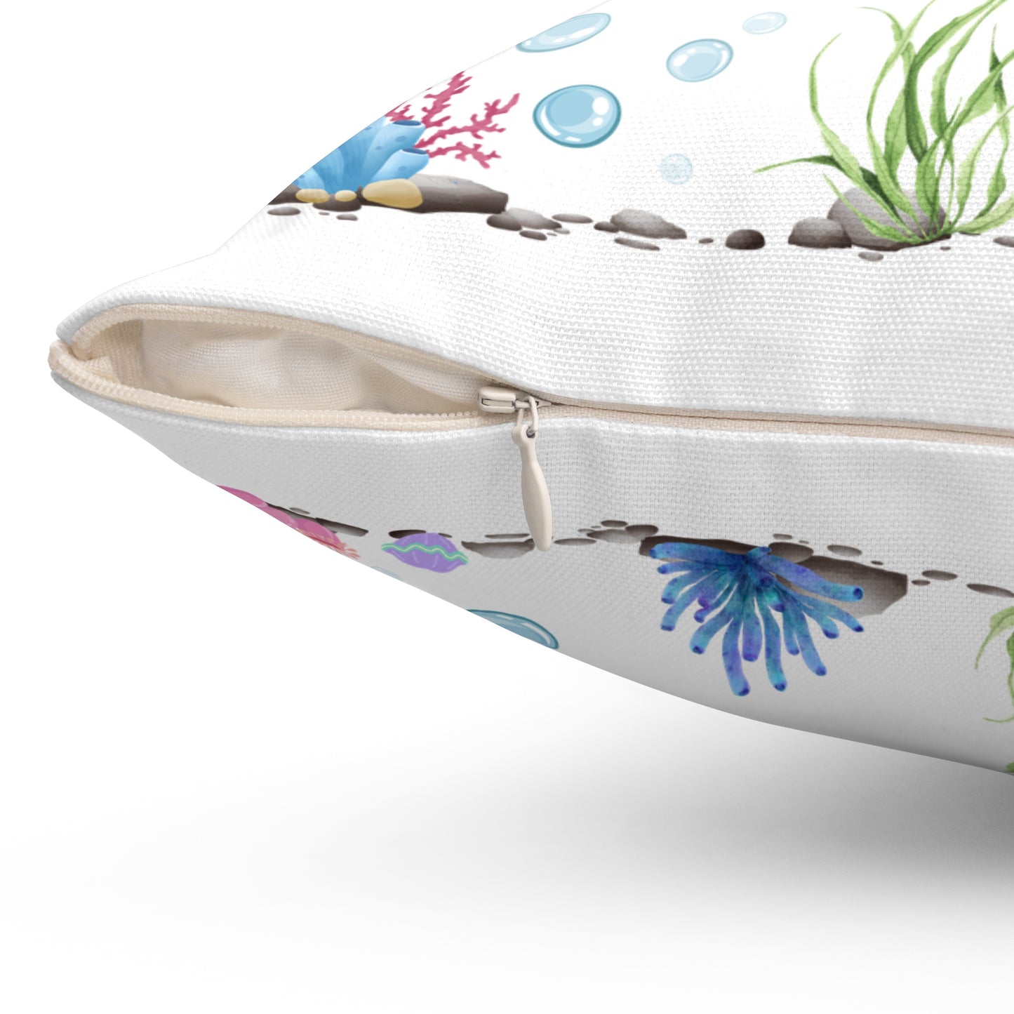 Manta ray with bubbles and coral reef Spun Polyester Square Pillow