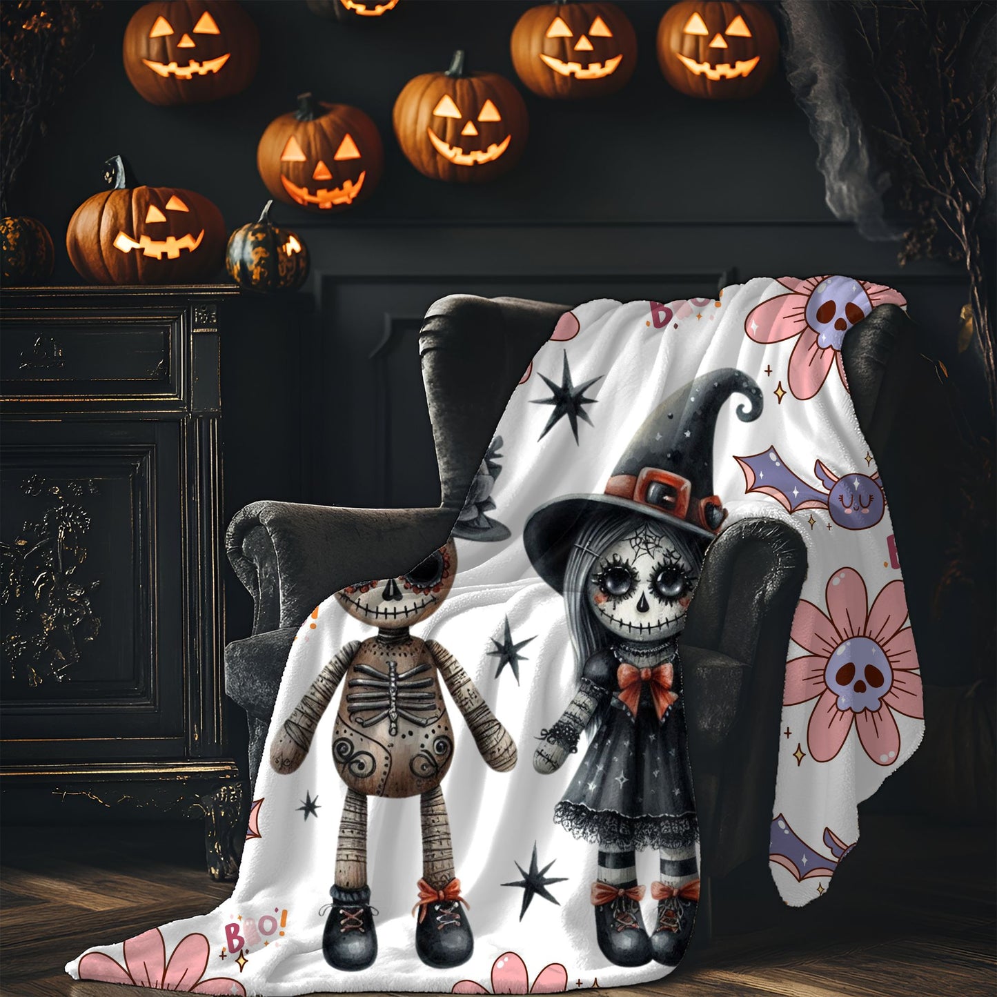 Spooky Floral Velveteen Blanket, Halloween Décor, Cozy Throw, Kids Room Blanket, Soft Throw Blanket, Perfect for Fall