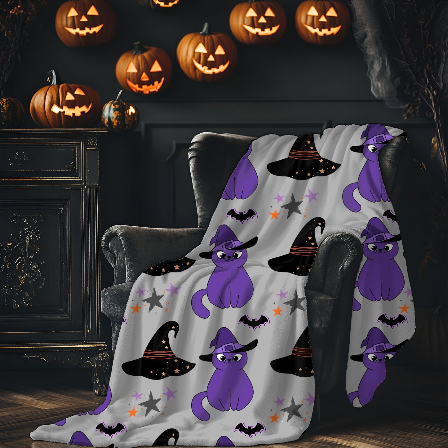 Cozy Halloween Velveteen Plush Blanket - Purple Cat Design, Soft Throw, Fall Decor, Gift for Cat Lovers, Spooky Season
