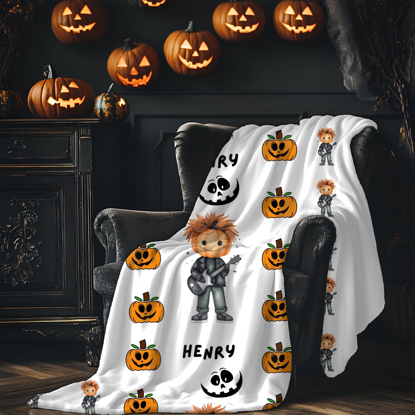Spooky Fun Personalized Velveteen Plush Blanket, Halloween Throw Blanket, Cozy Gift for Kids, Seasonal Home Decor, Pumpkin & Monster Design