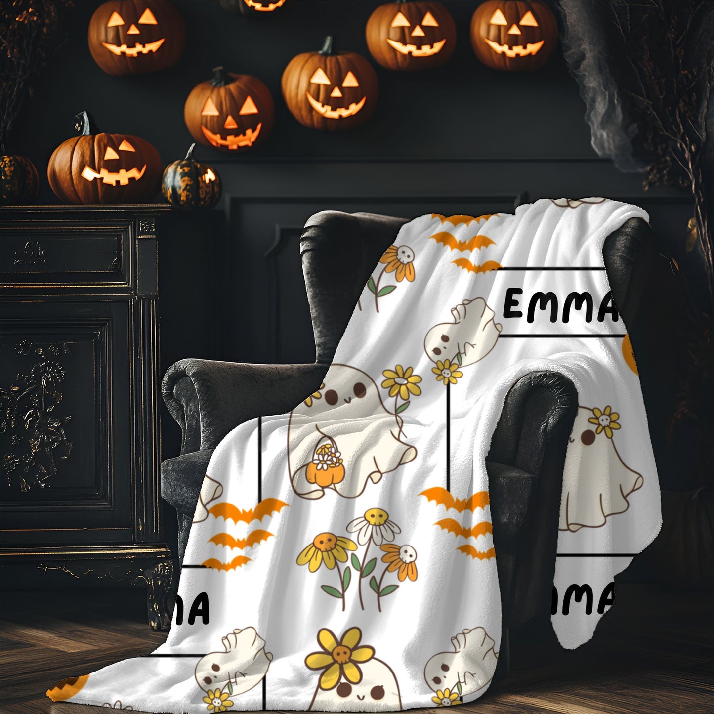 Whimsical Ghosts Velveteen Plush Blanket | Cozy Halloween Decor, Gift for Kids & Teens, Soft Plush Throw, Cute Couch Accessory