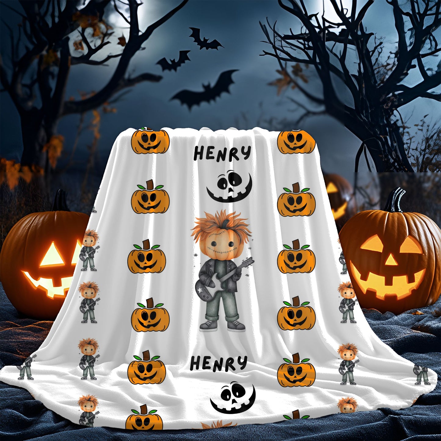 Spooky Fun Personalized Velveteen Plush Blanket, Halloween Throw Blanket, Cozy Gift for Kids, Seasonal Home Decor, Pumpkin & Monster Design