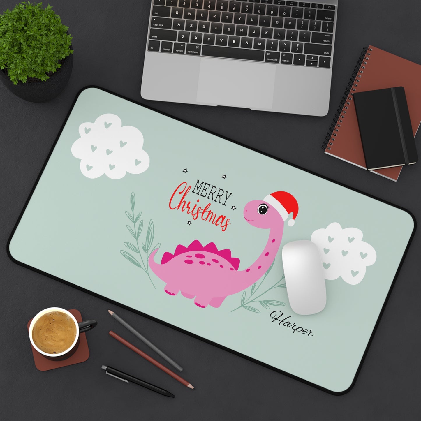 Dinosaur Christmas Desk Mat - Personalized Cute Desk Accessories, Home Office Gift, Playful Holiday Decor, Fun Kids Room Addition