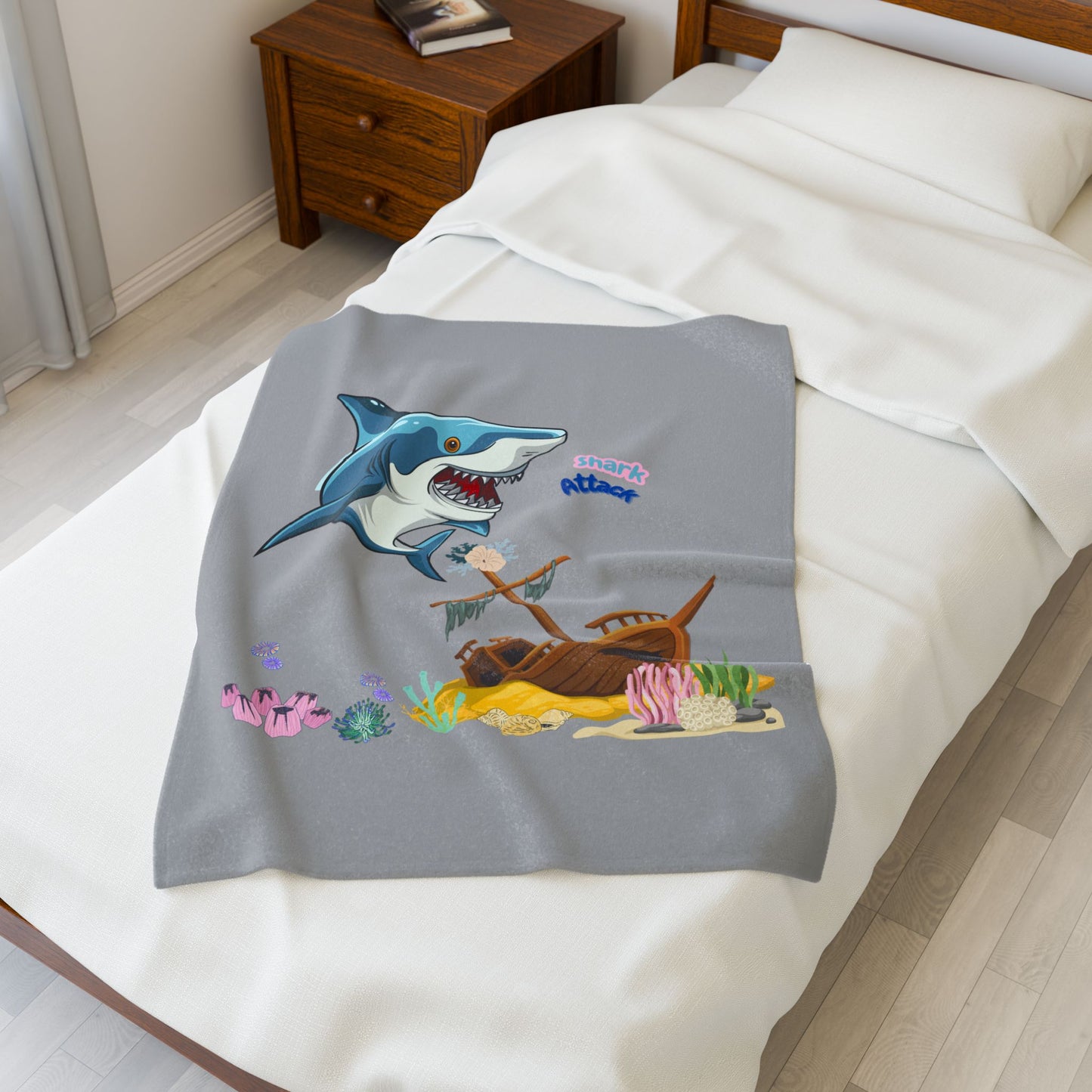 Shark ship colorful coral reef Velveteen Plush Blanket