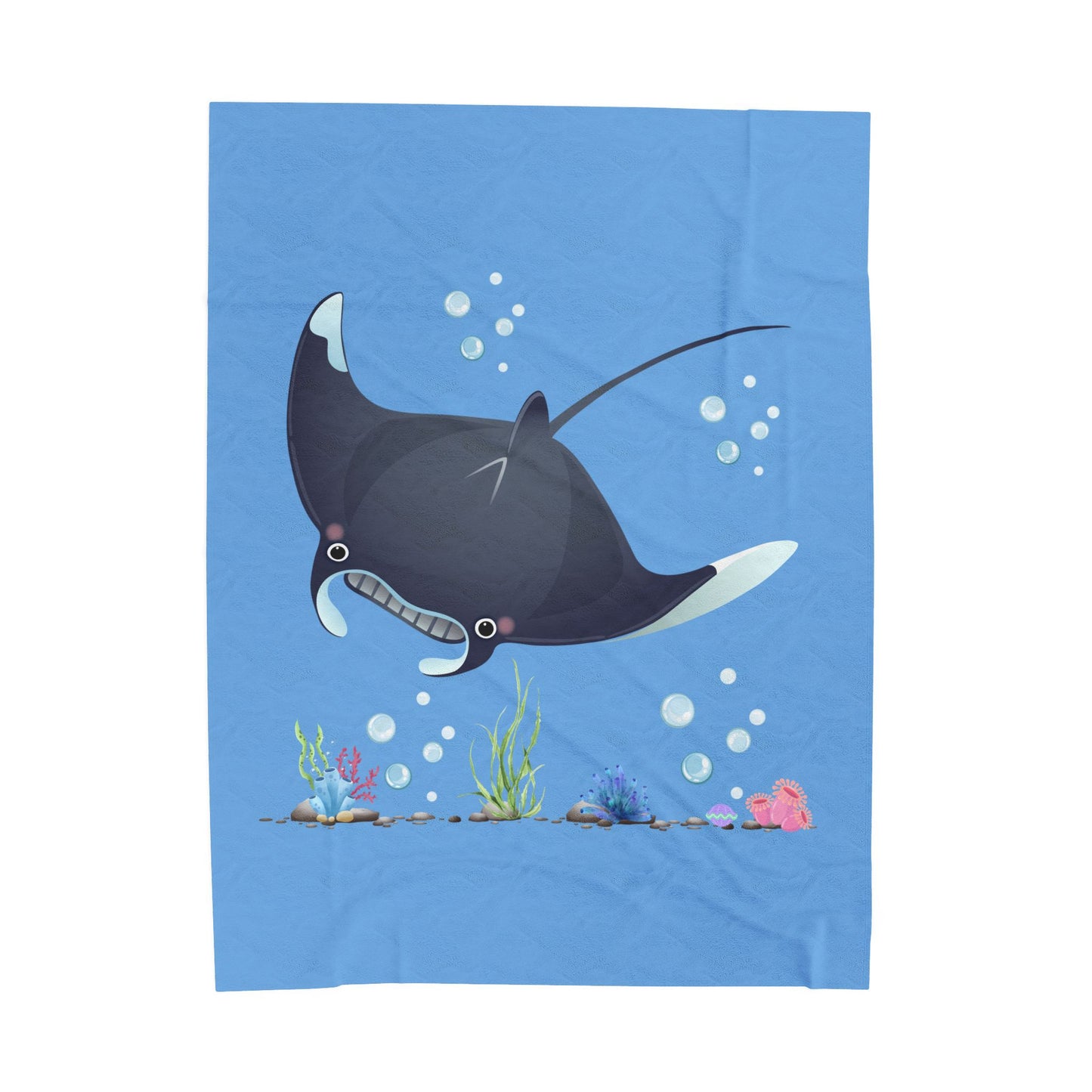 Manta ray with bubbles and coral reef Velveteen Plush Blanket