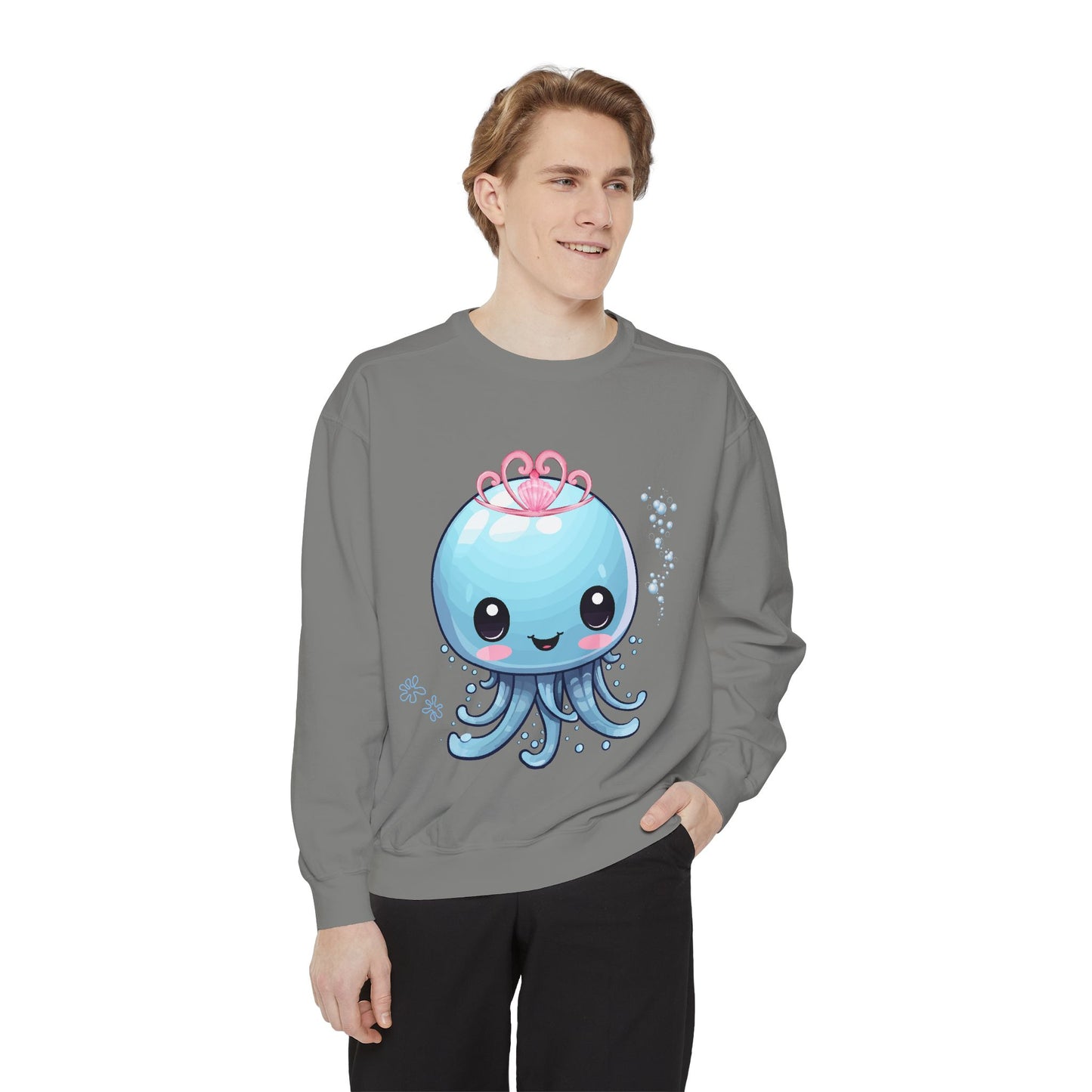 Blue jellyfish with a pink tiara Unisex Garment-Dyed Sweatshirt