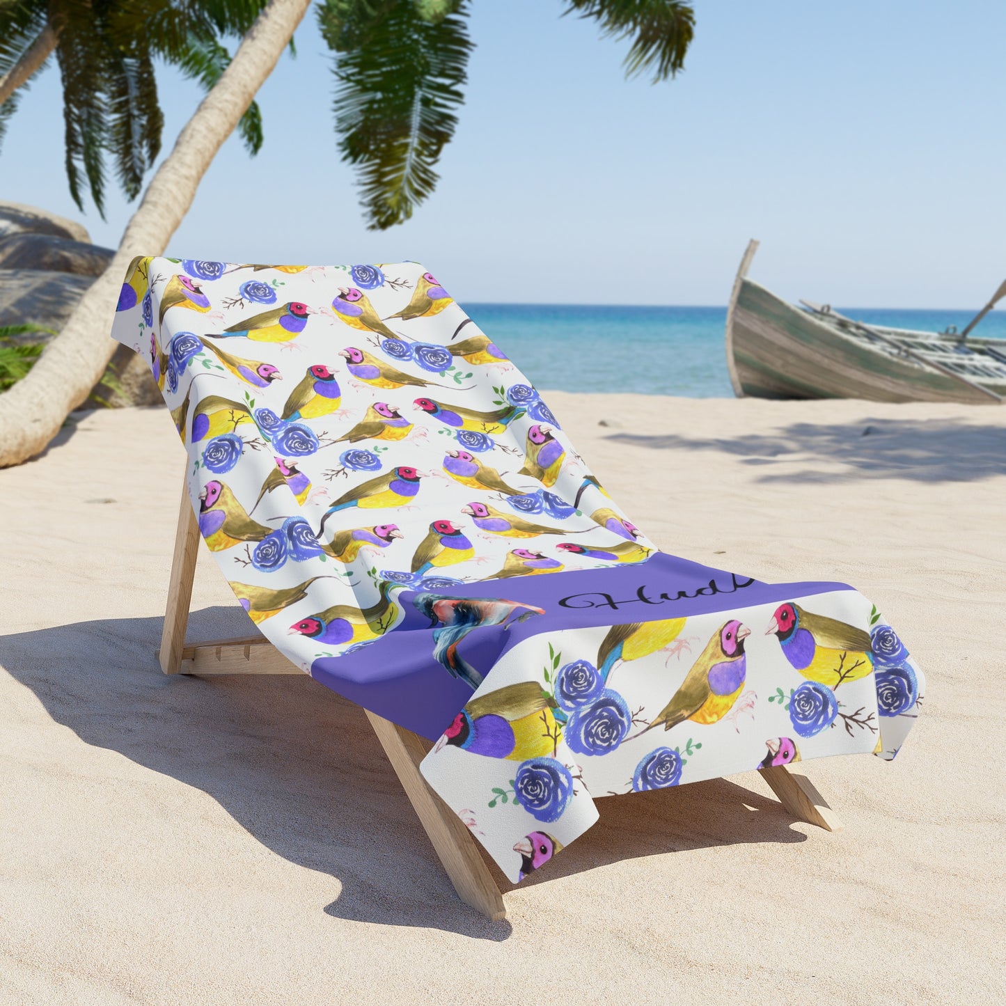 Personalized Tropical Bird Beach Towel – Custom Name Watercolor Finch Pattern