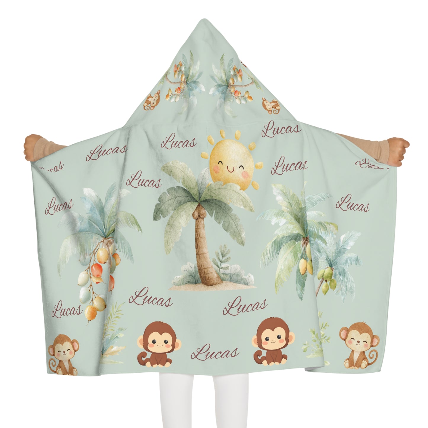 Hooded Towel — Personalized Tropical Monkey Kids Beach & Bath Towel (Custom Name "Lucas")