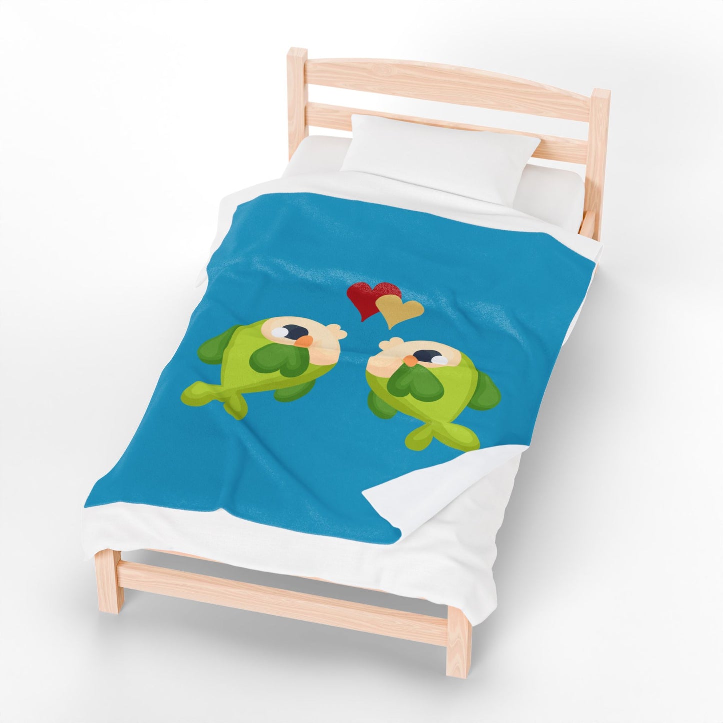 Two hearts float between the fish one red and one yellow Velveteen Plush Blanket