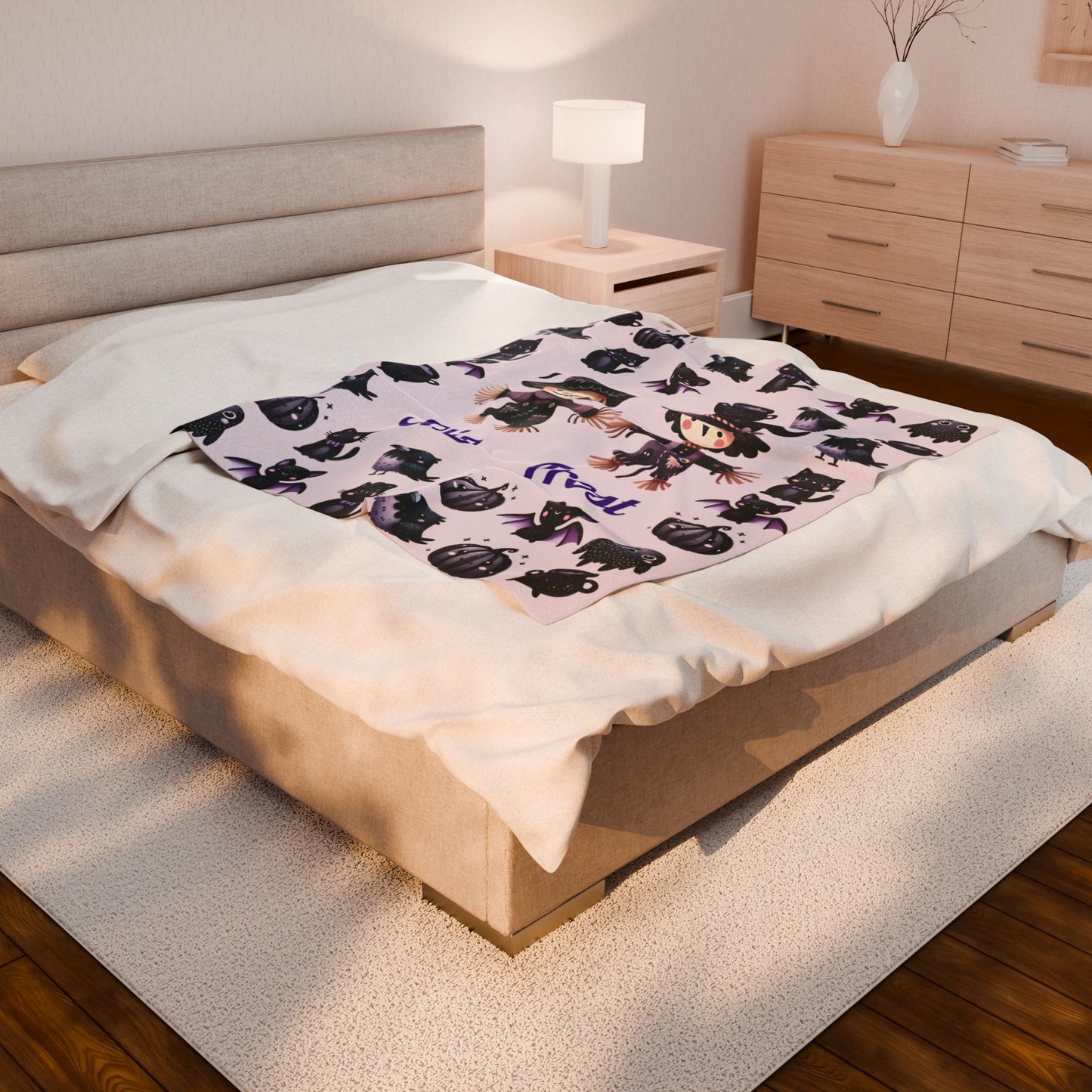 Personalized Halloween Velveteen Plush Blanket | Cozy Fall Decor, Unique Gift, Witch, Cat, Spooky Design, Kids' Bedroom, Halloween