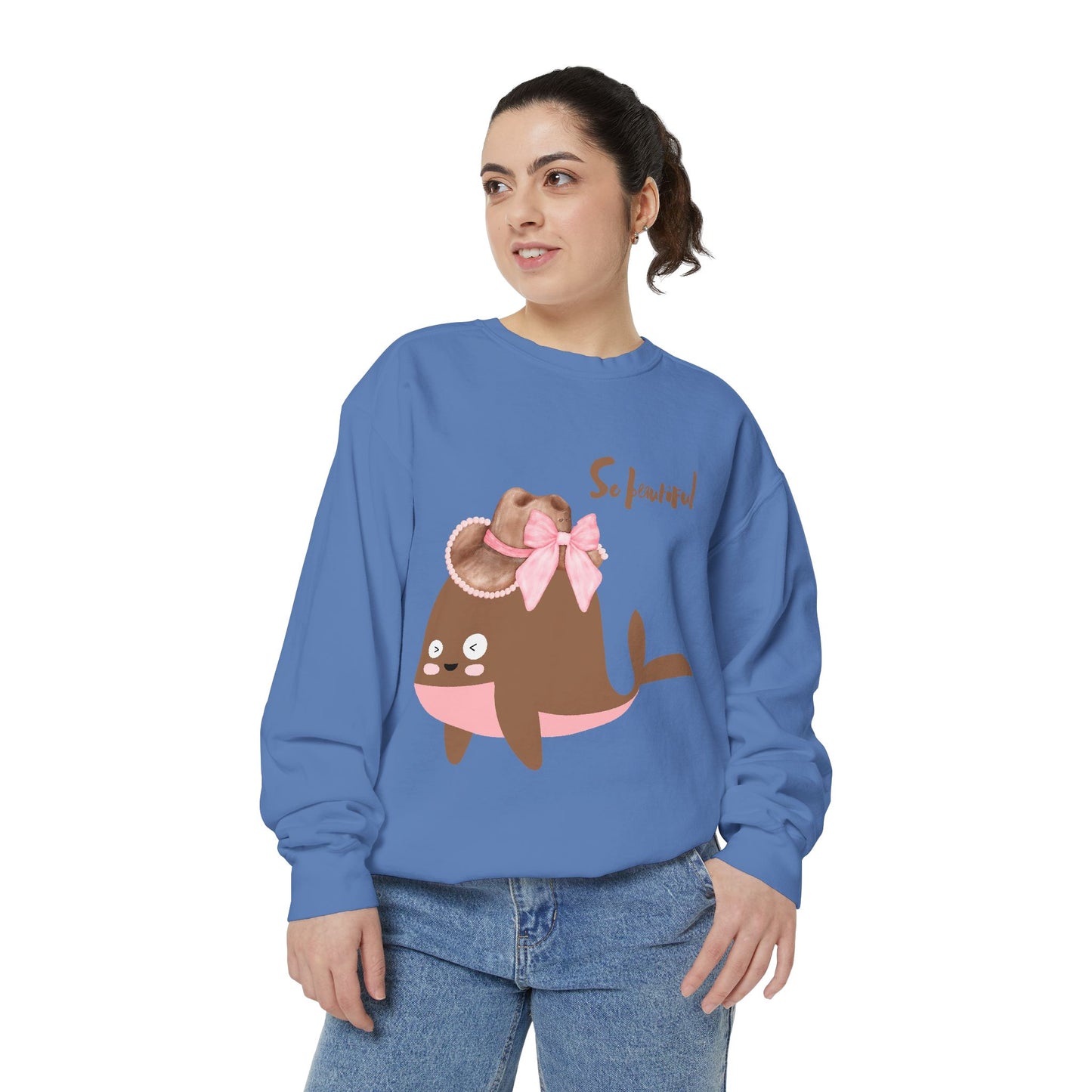 Whale wearing a cowboy hat with a pink bow Unisex Garment-Dyed Sweatshirt