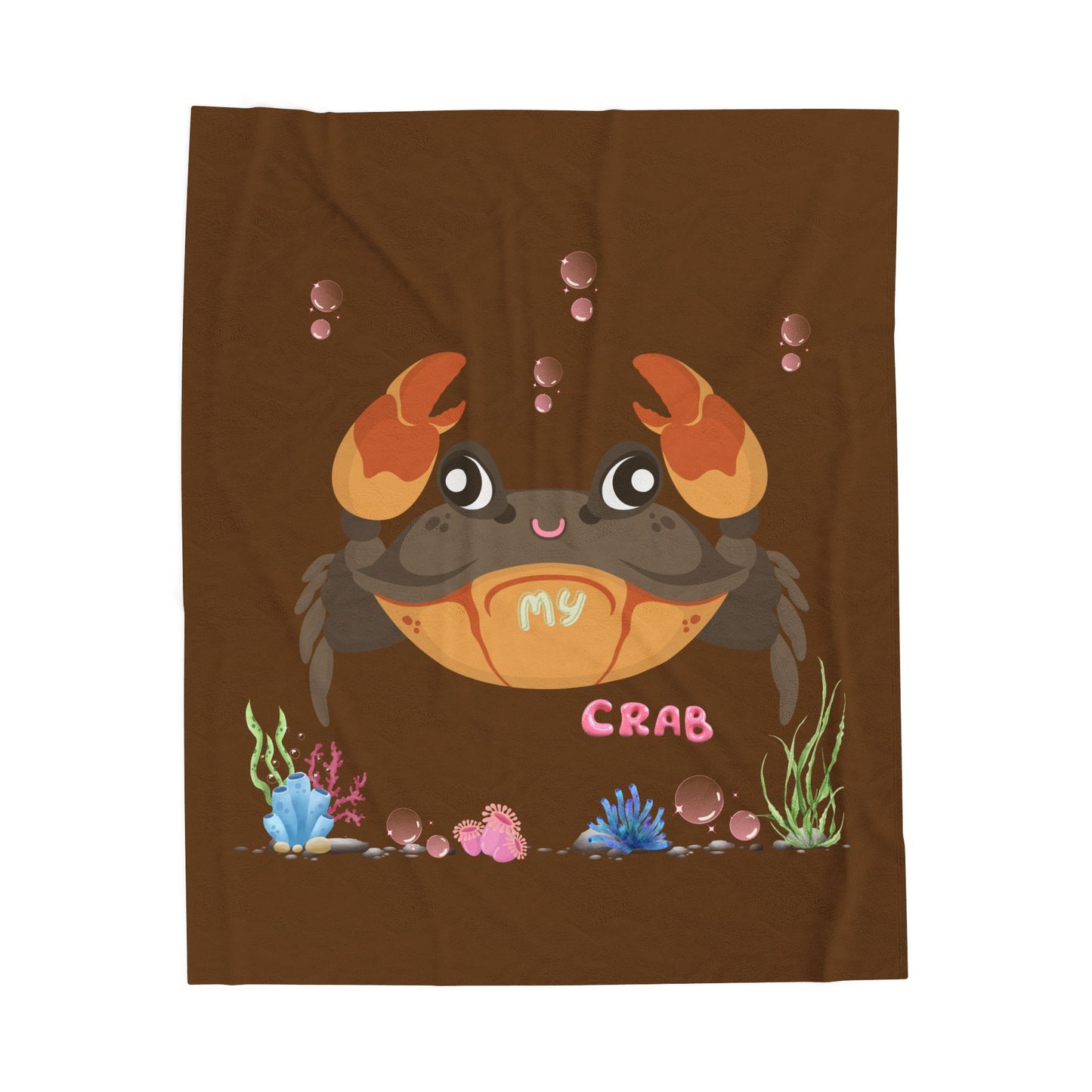 Crab with subtle bubbles and underwater flora Velveteen Plush Blanket