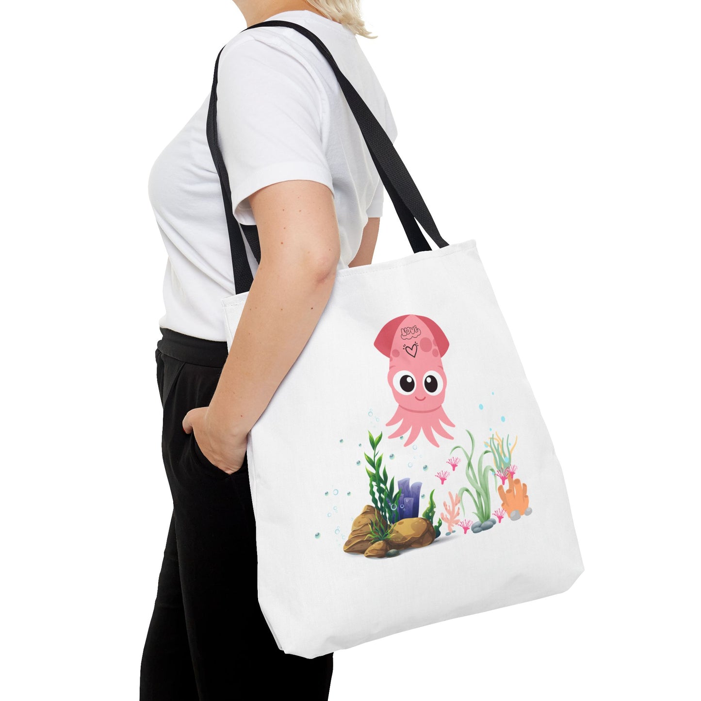 Pink squid cartoon with love Tote Bag