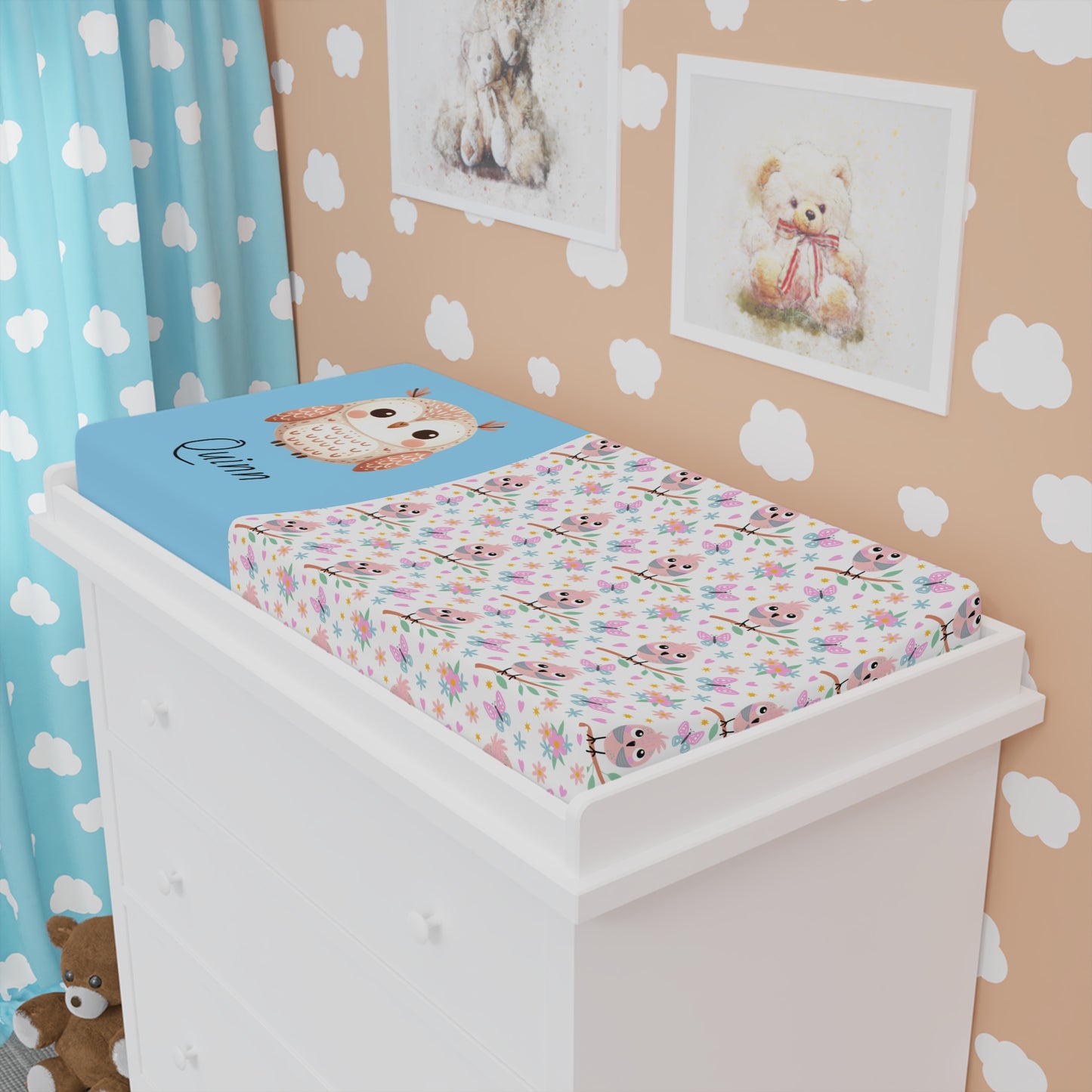 Personalized Owl Baby Changing Pad Cover — Cute Floral Nursery Accent