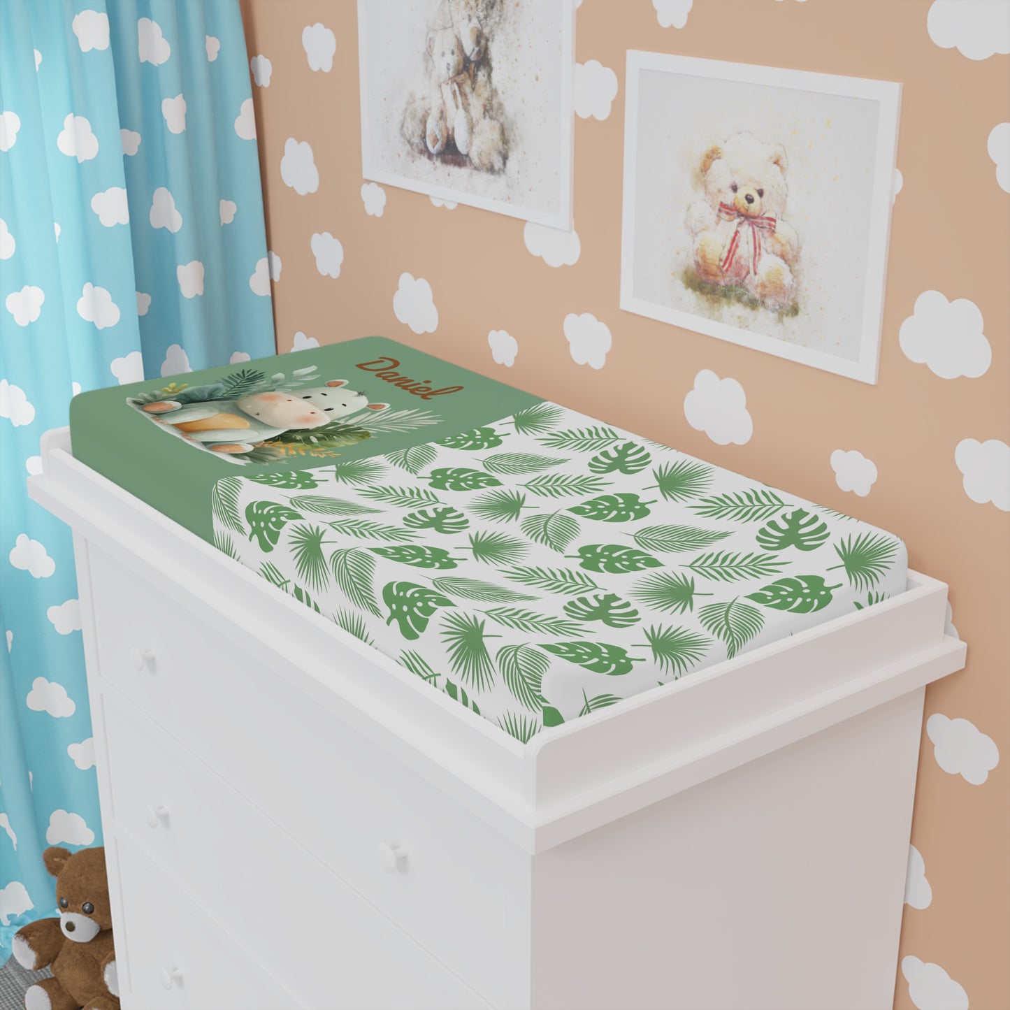 Baby Changing Pad Cover – Personalized Jungle Leaves & Cute Hippo Nursery