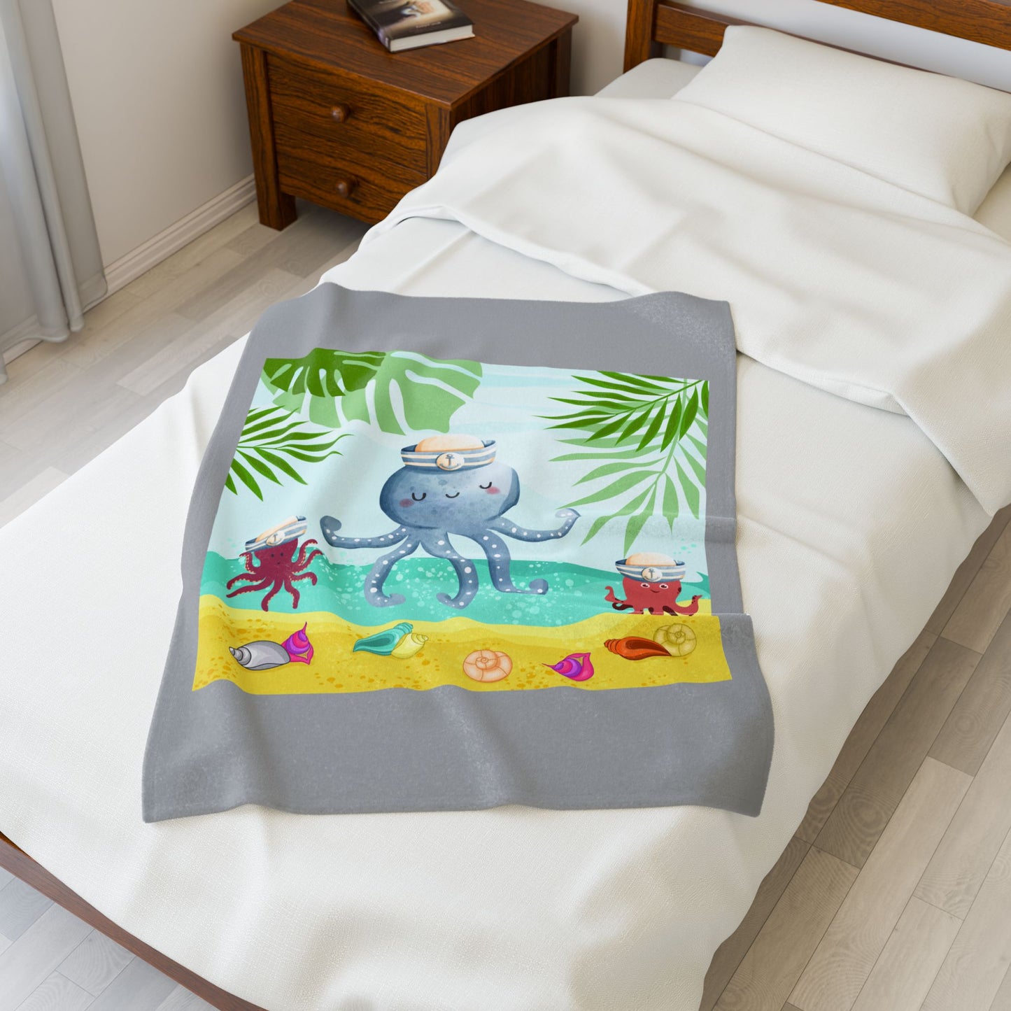Octopus on a beach scene with tropical Velveteen Plush Blanket