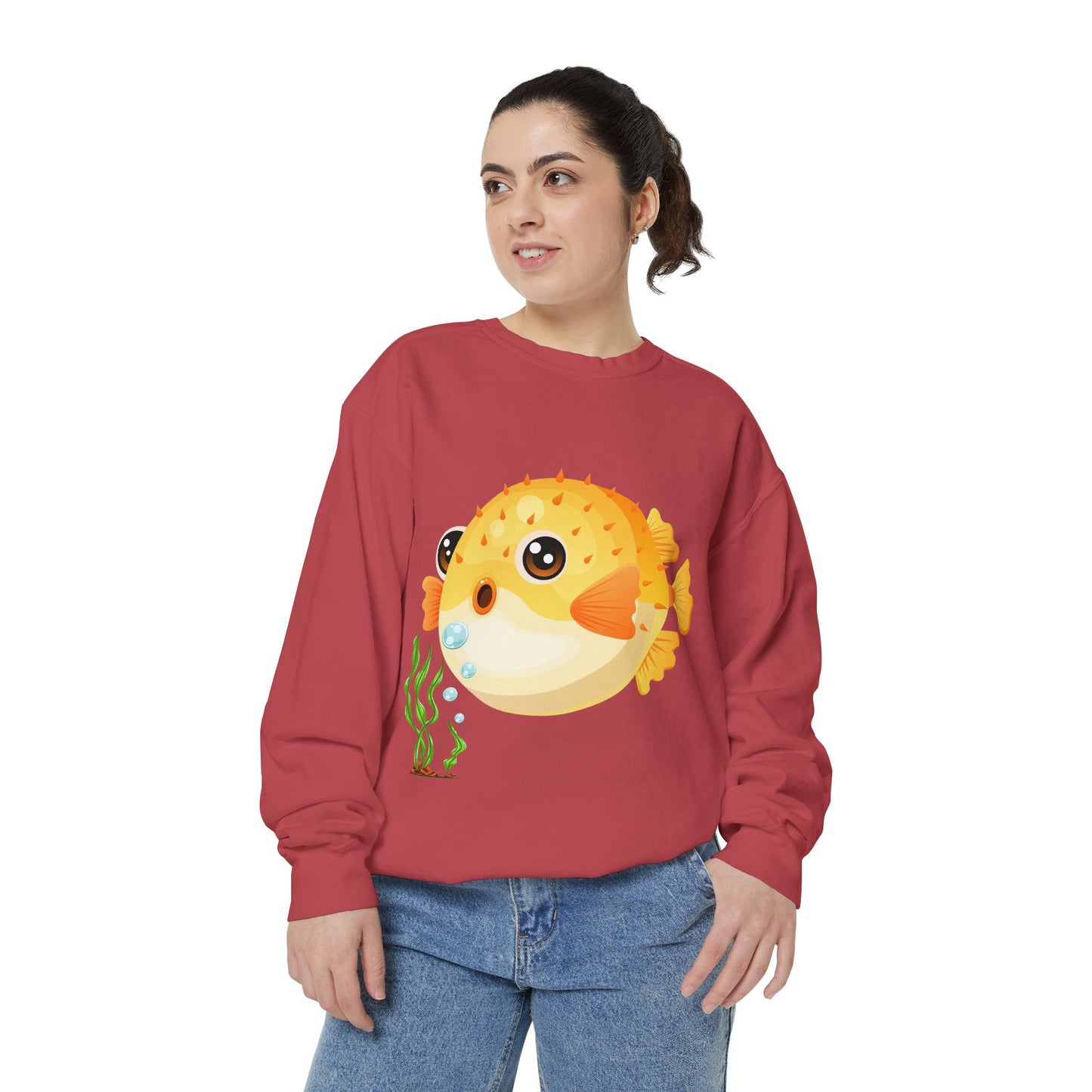 Cartoon Pufferfish with seaweed Unisex Garment-Dyed Sweatshirt