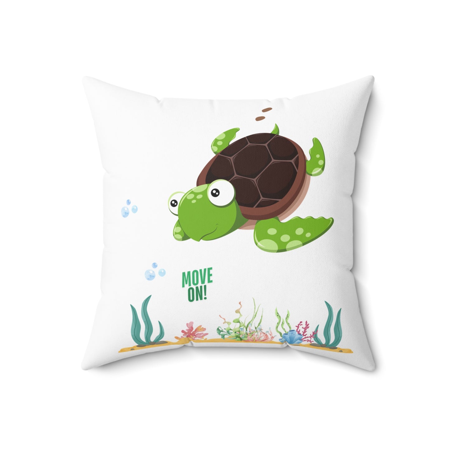 Turtle with seaweed and bubble Spun Polyester Square Pillow