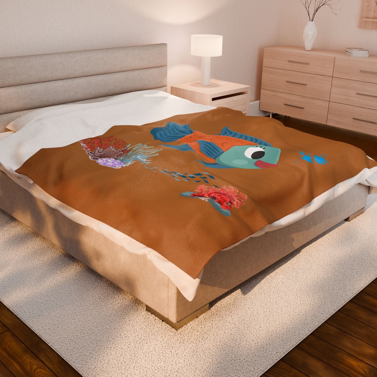 Orange and blue fish with coral and bubble Velveteen Plush Blanket